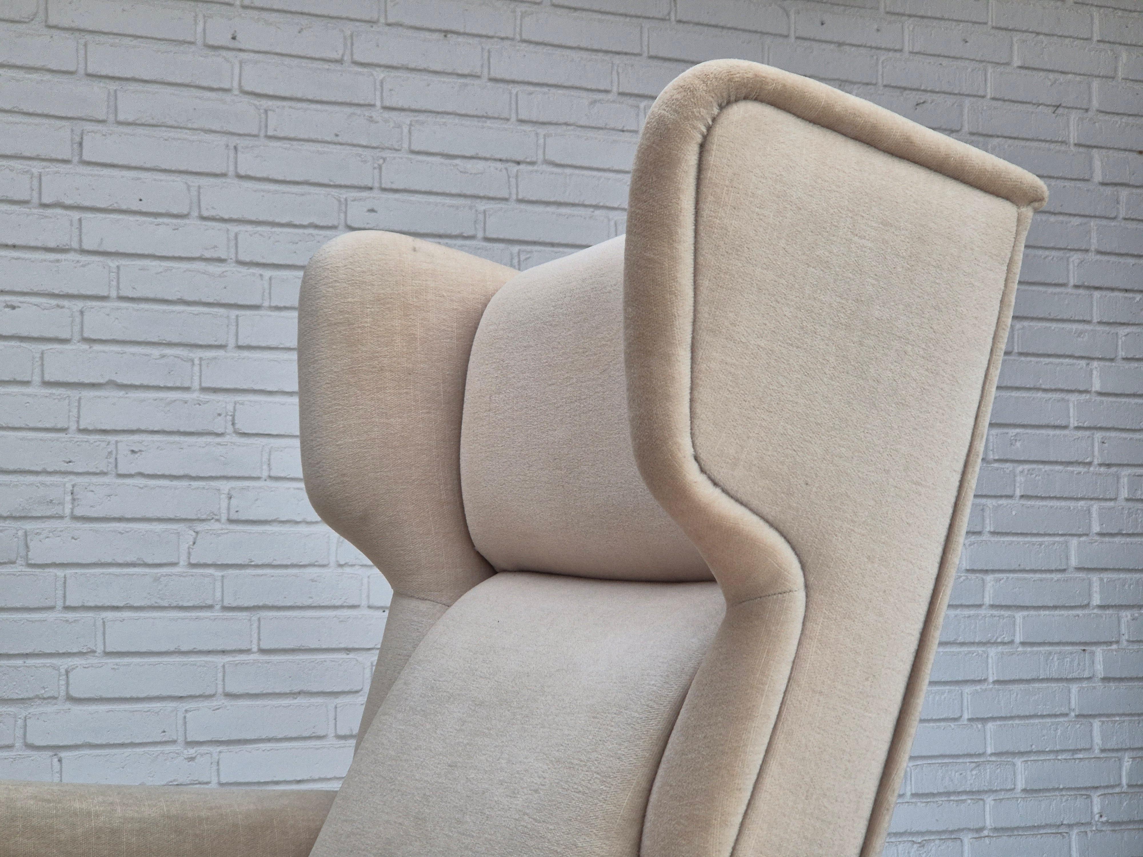 1970s, Danish wingback armchair, original condition, furniture velour, ash wood. For Sale 9