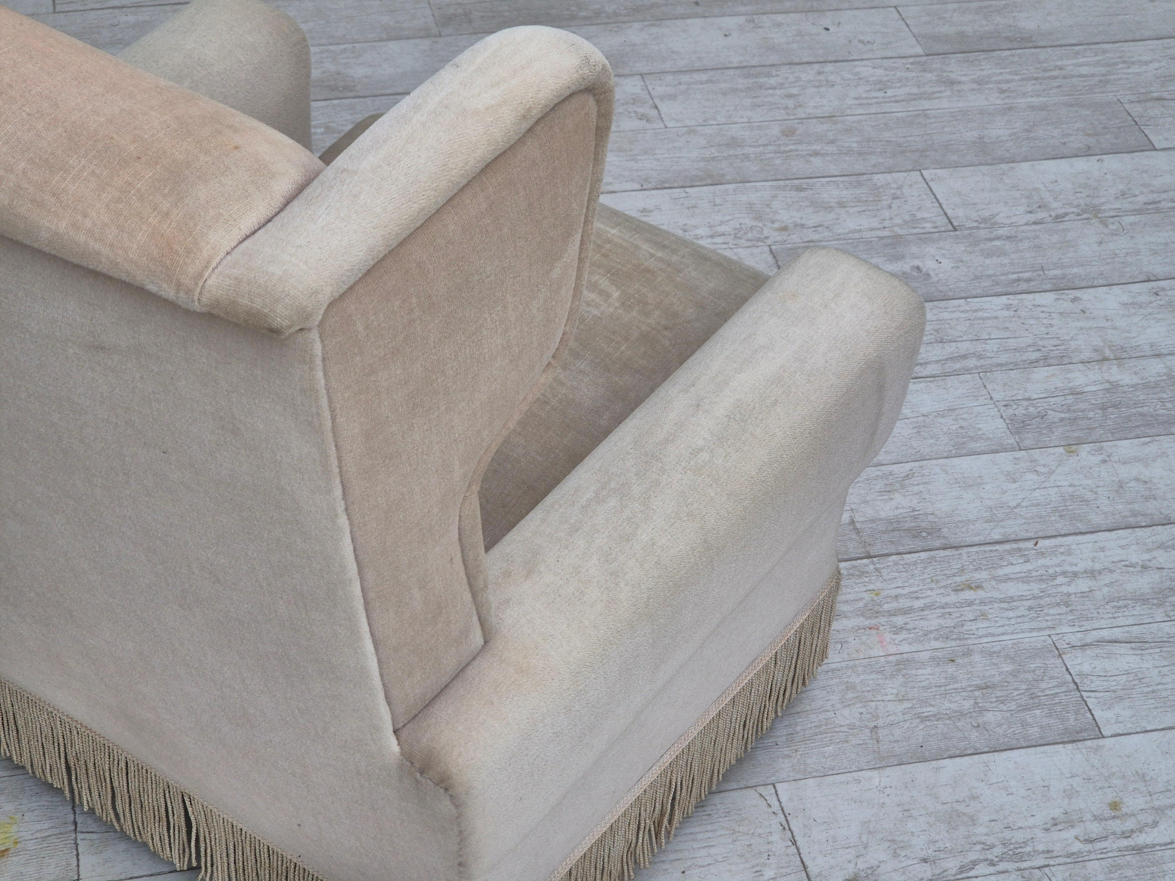 1970s, Danish wingback armchair, original condition, furniture velour, ash wood. For Sale 12