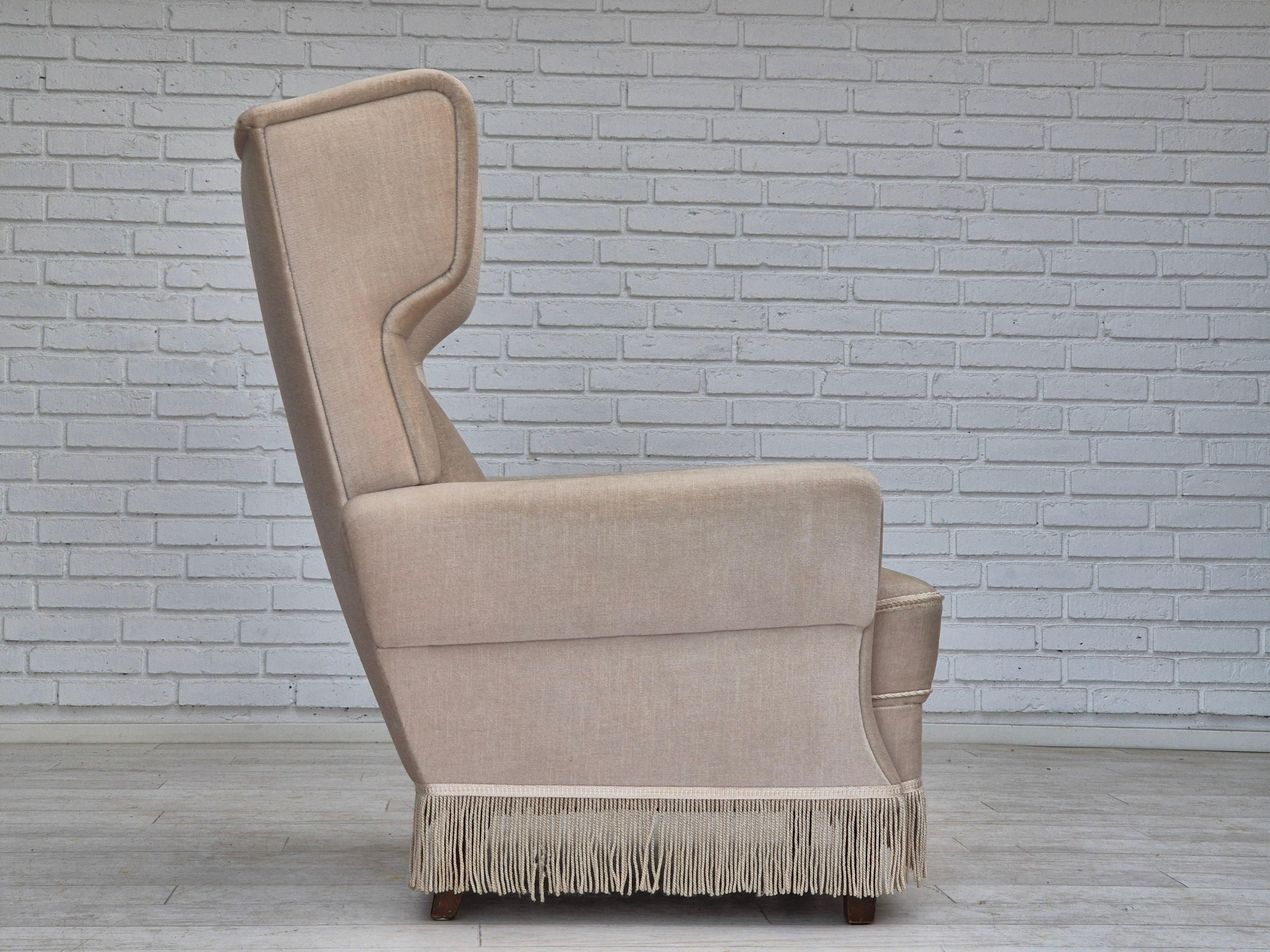 1970s, Danish wingback armchair, original condition, furniture velour, ash wood. In Good Condition For Sale In Tarm, 82