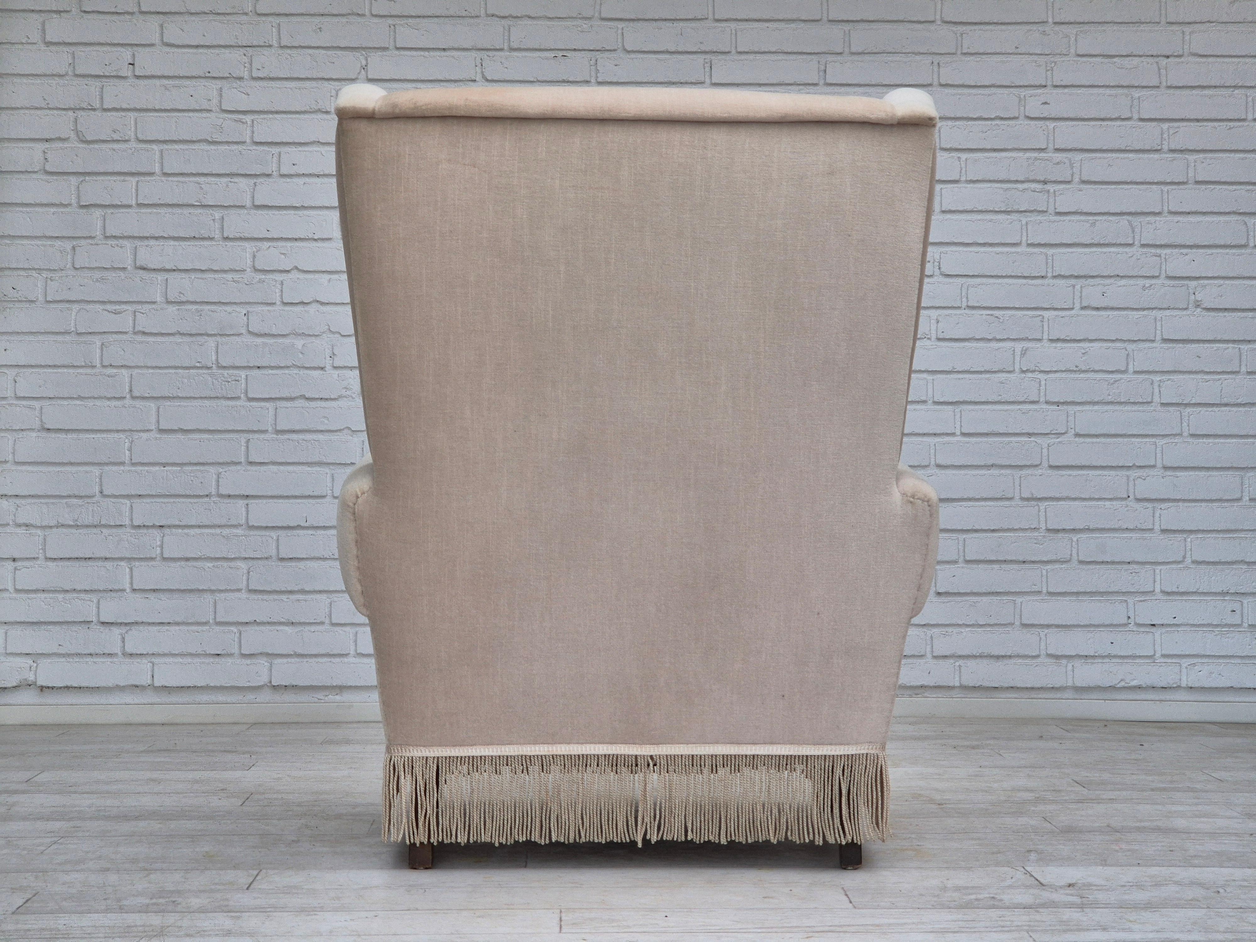 Velvet 1970s, Danish wingback armchair, original condition, furniture velour, ash wood. For Sale