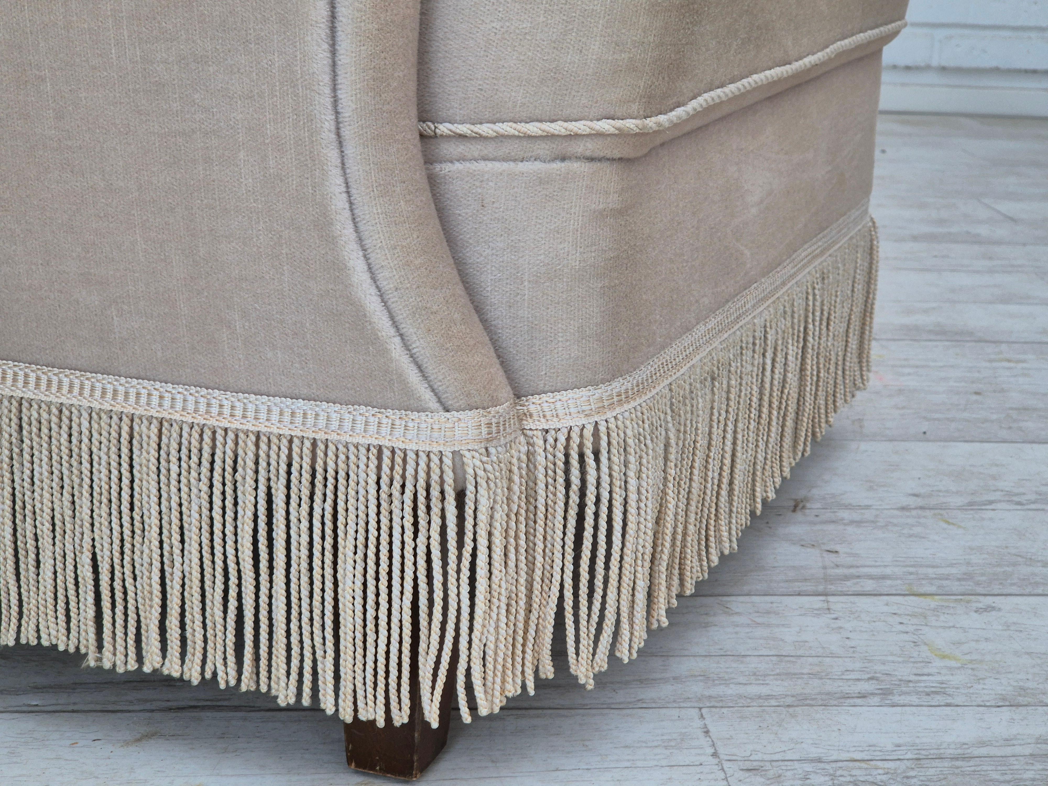 1970s, Danish wingback armchair, original condition, furniture velour, ash wood. For Sale 3