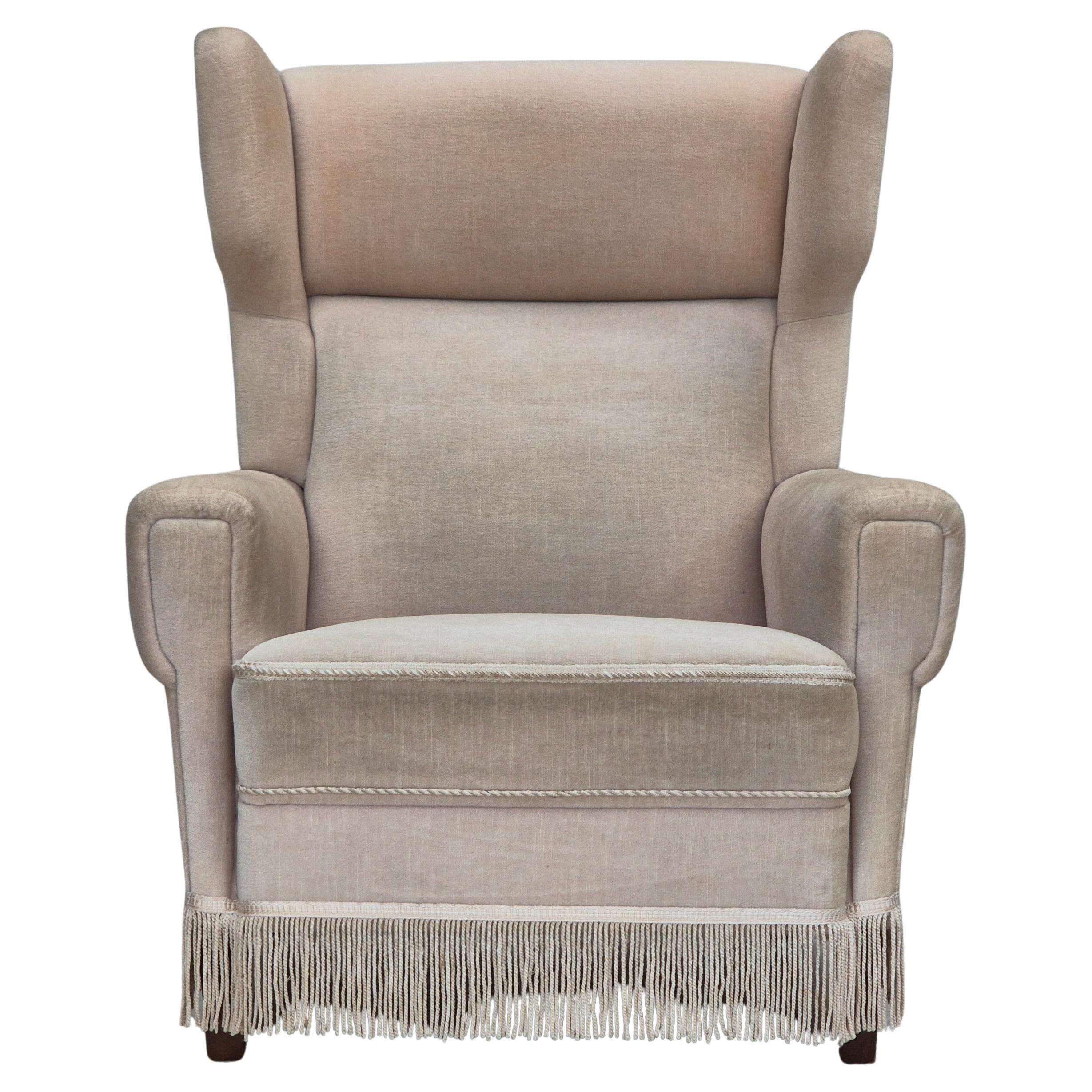 1970s, Danish wingback armchair, original condition, furniture velour, ash wood.