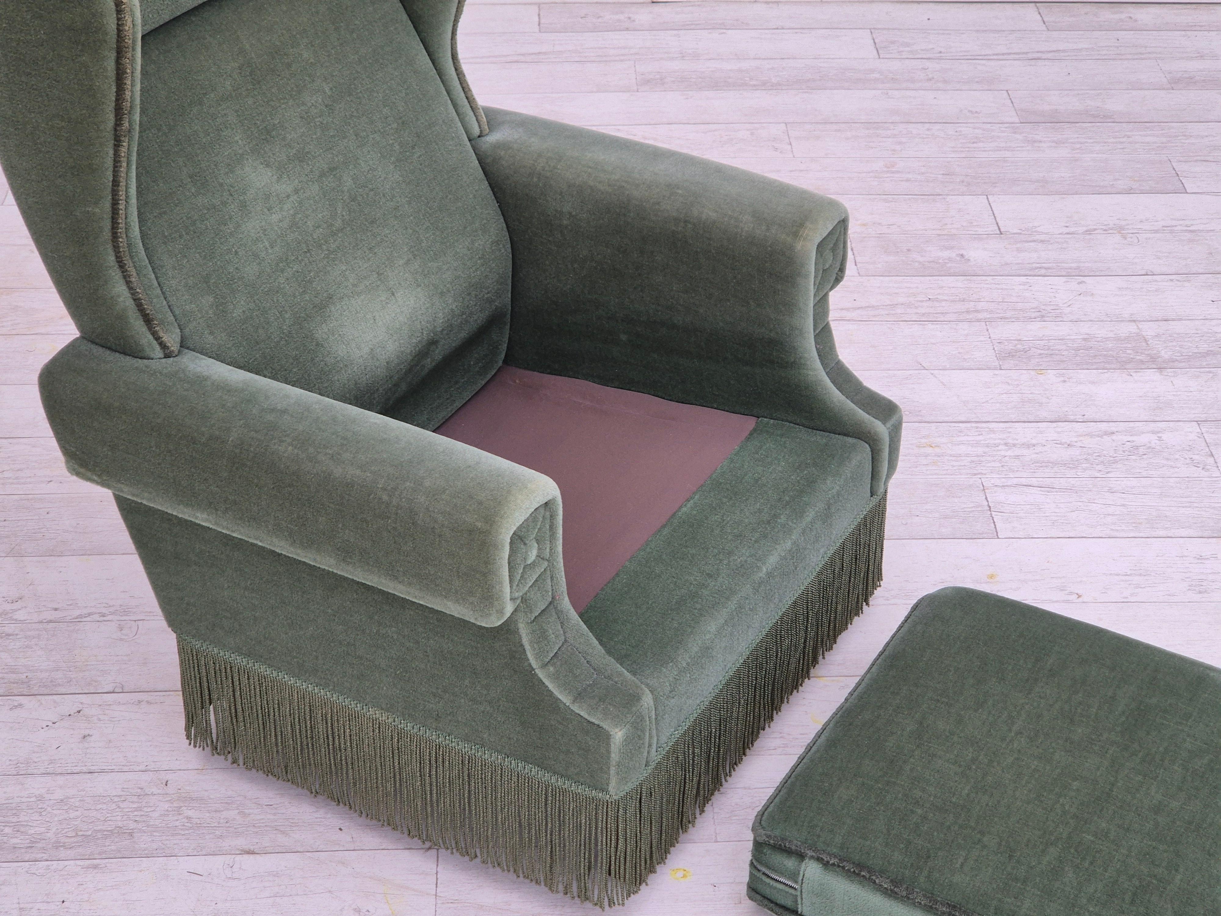 1970s, Danish wingback armchair, original condition, furniture velour, beech. For Sale 4