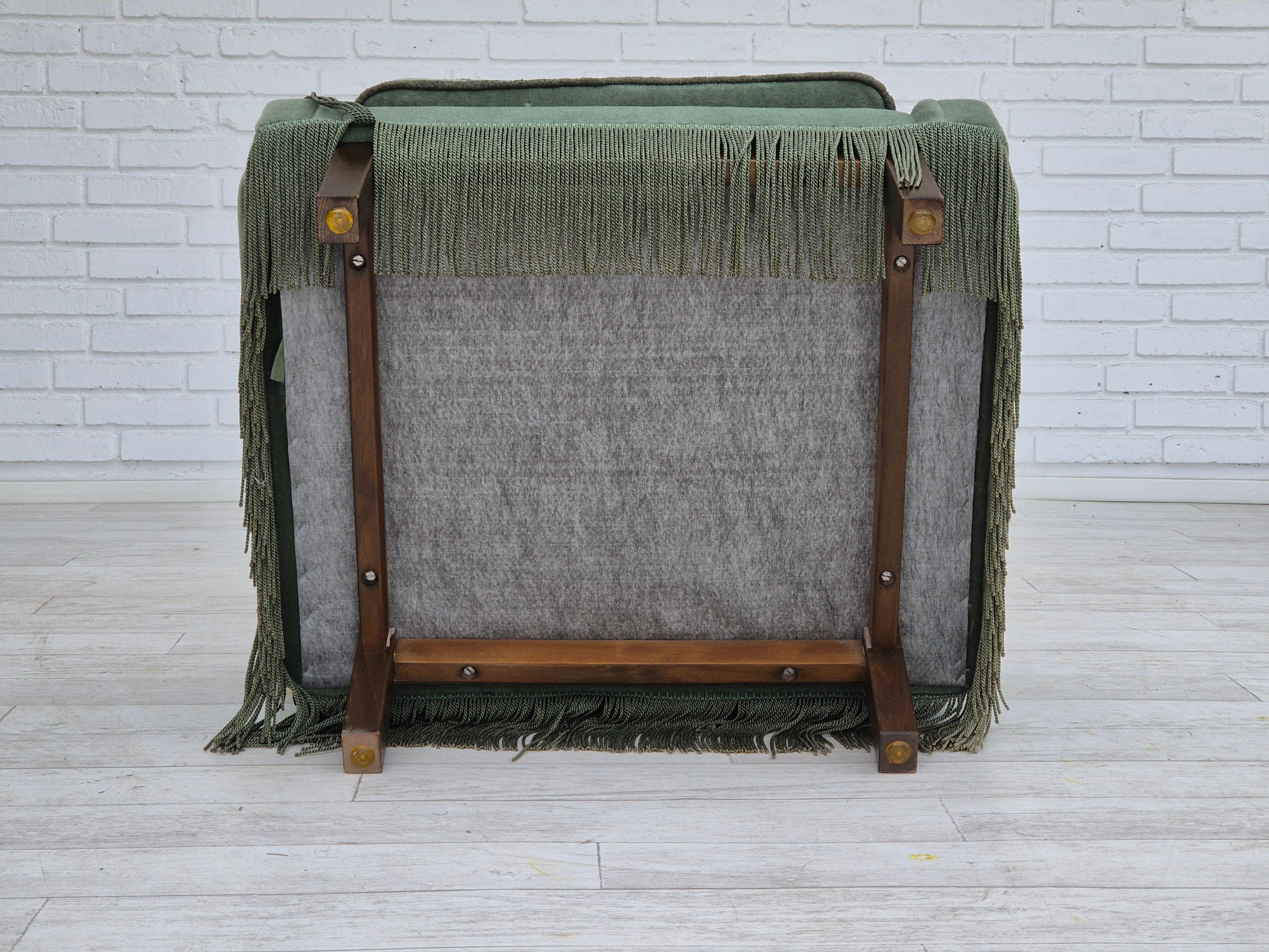 1970s, Danish wingback armchair, original condition, furniture velour, beech. For Sale 5