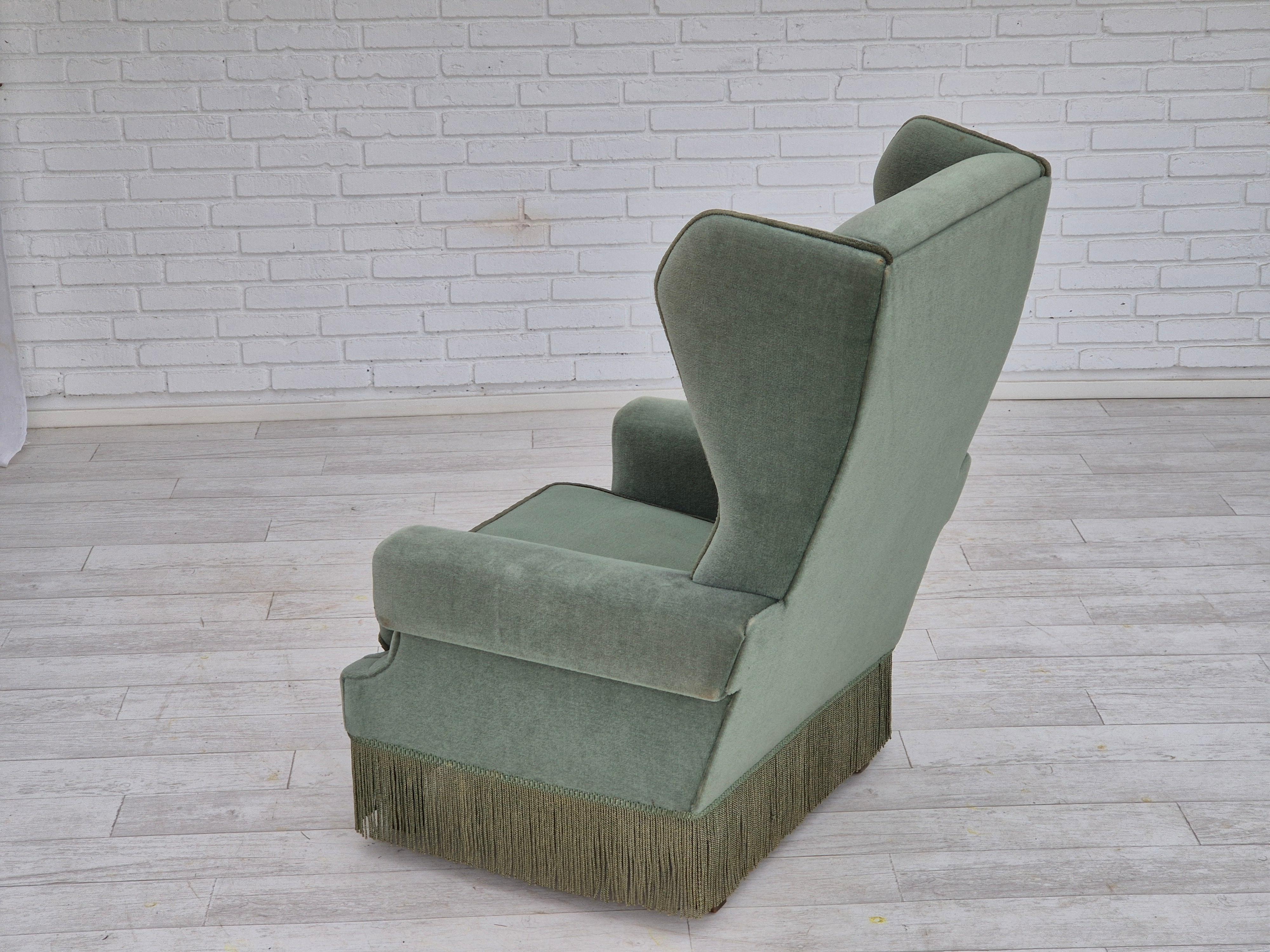 1970s, Danish wingback armchair, original condition, furniture velour, beech. For Sale 7