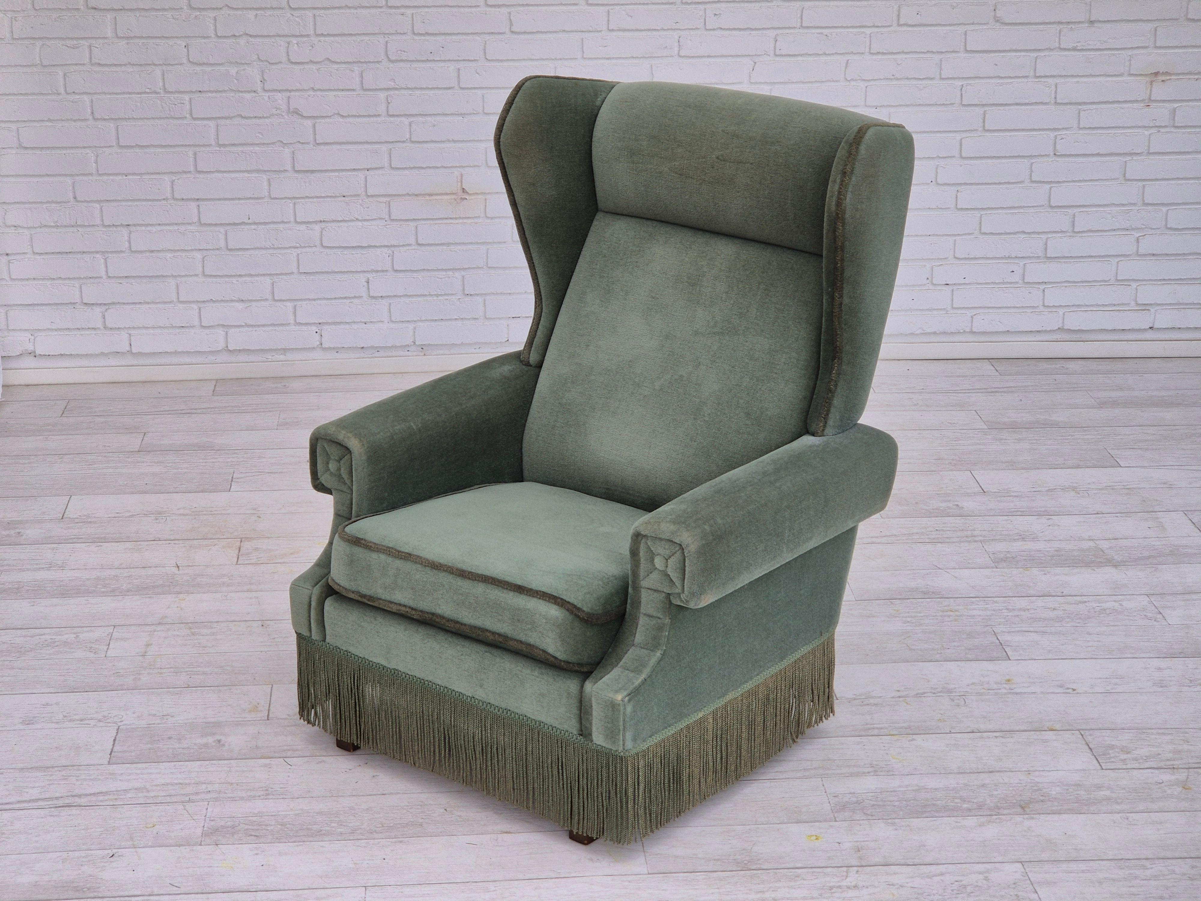 1970s, Danish wingback armchair, original condition, furniture velour, beech. For Sale 8