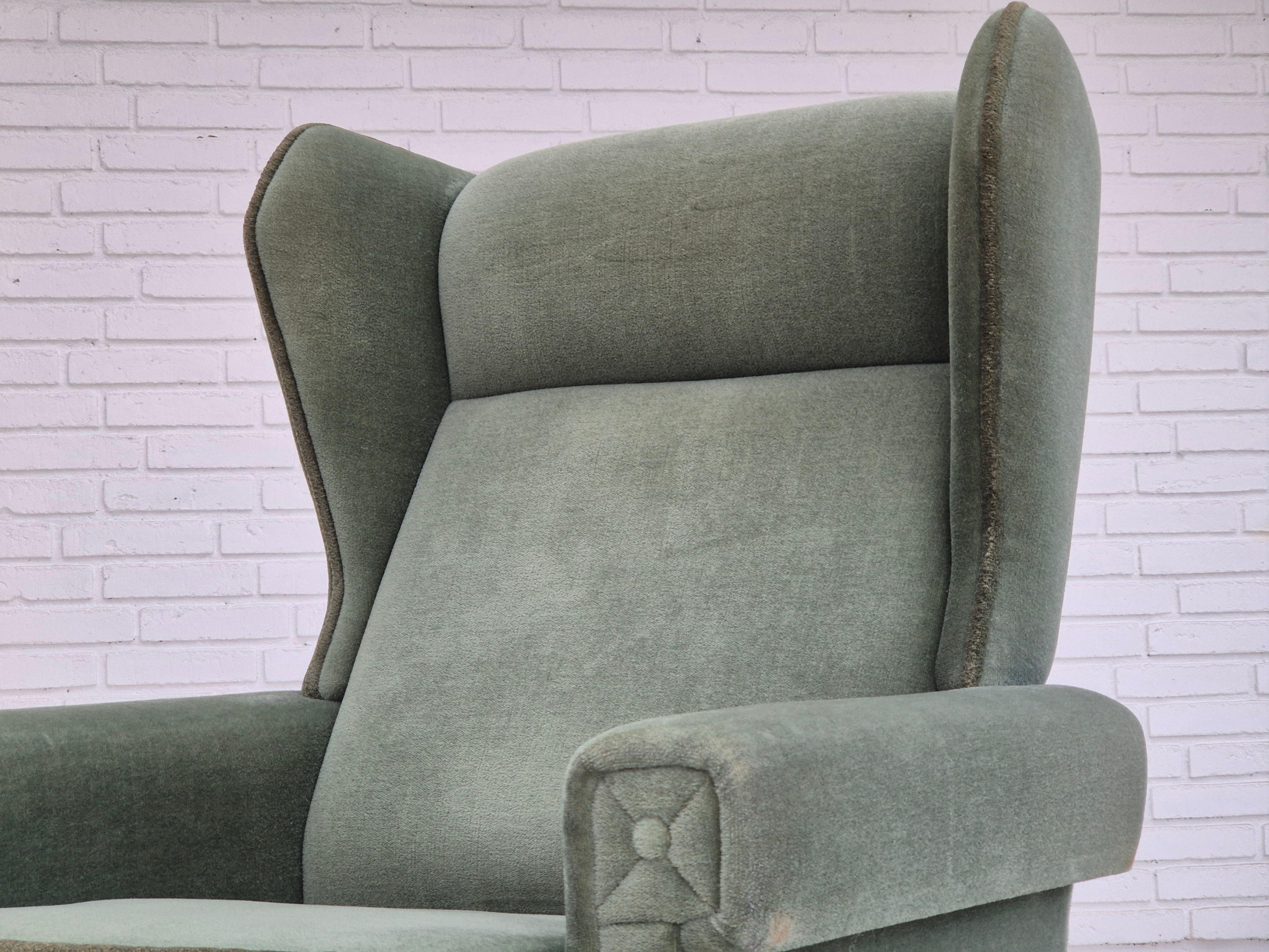 1970s, Danish wingback armchair, original condition, furniture velour, beech. For Sale 9