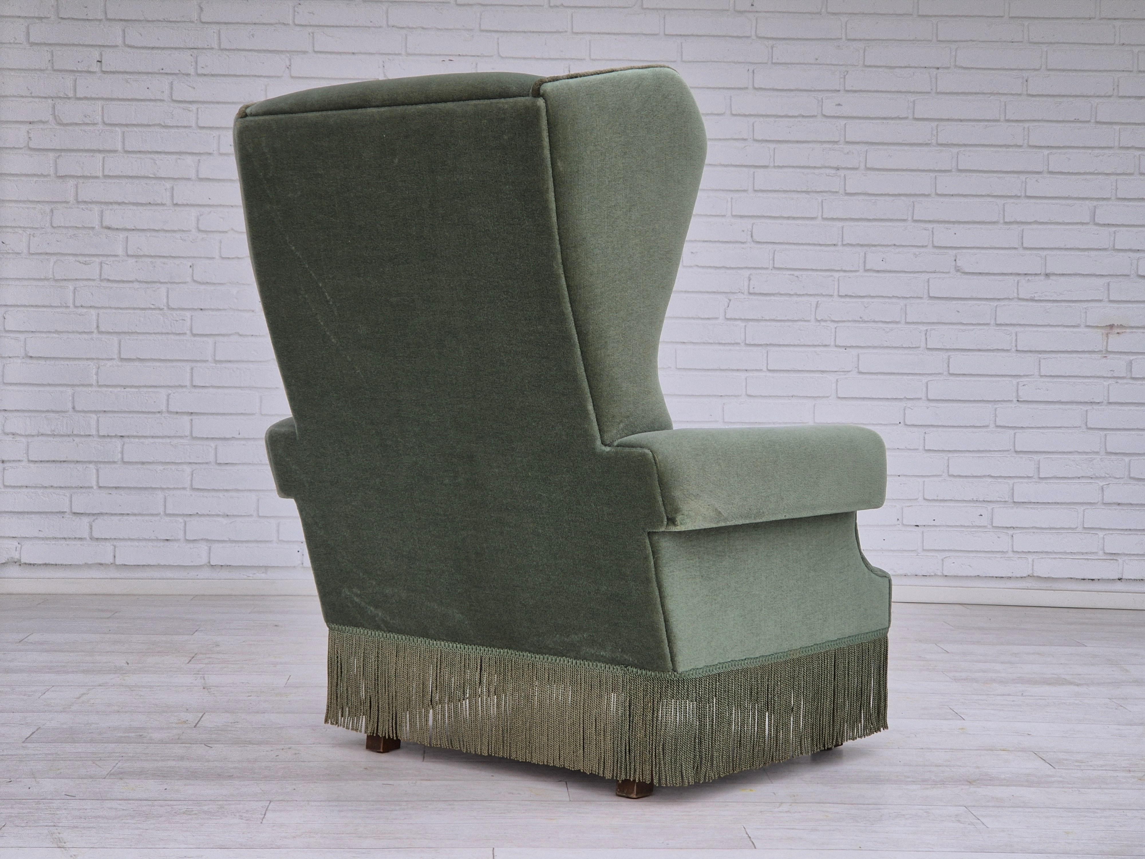 1970s, Danish wingback armchair, original condition, furniture velour, beech. In Good Condition For Sale In Tarm, 82