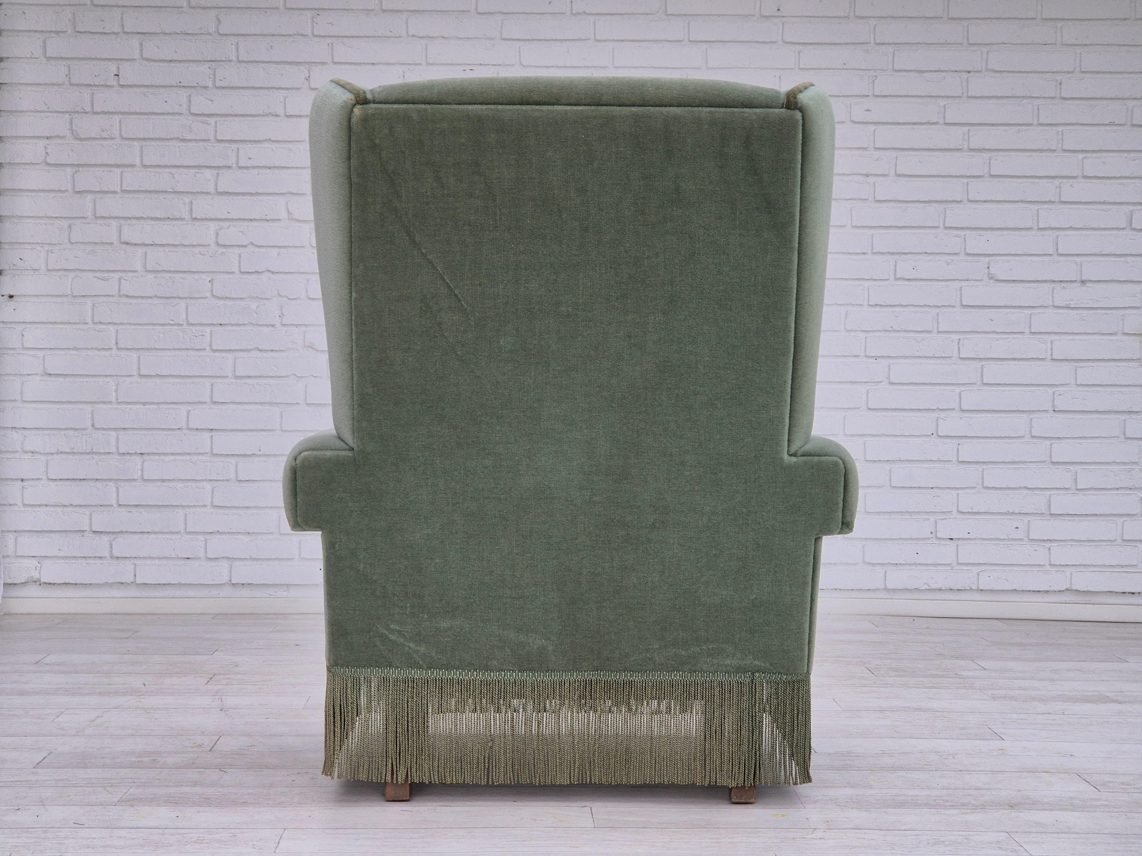 Late 20th Century 1970s, Danish wingback armchair, original condition, furniture velour, beech. For Sale