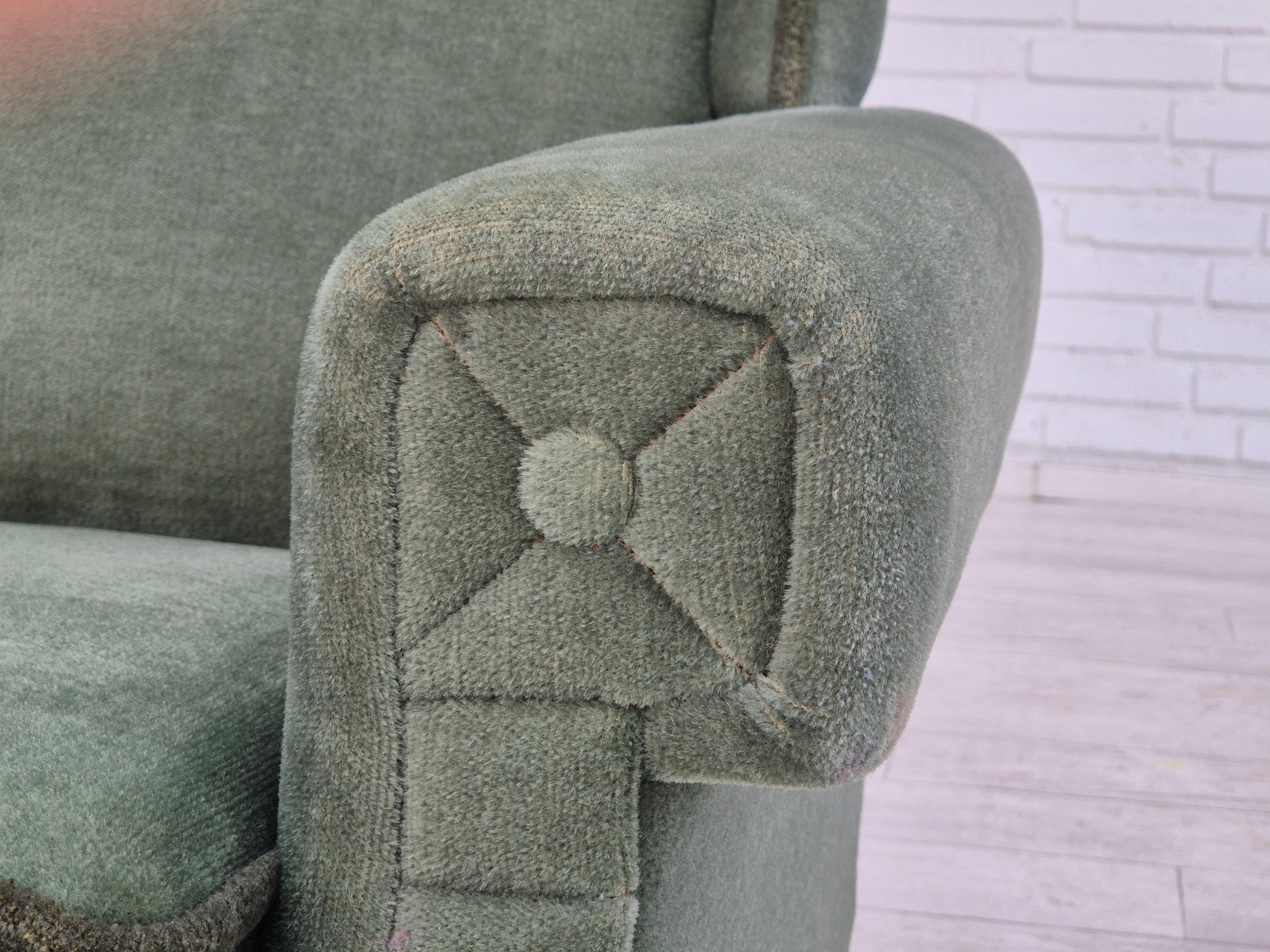 Velvet 1970s, Danish wingback armchair, original condition, furniture velour, beech. For Sale