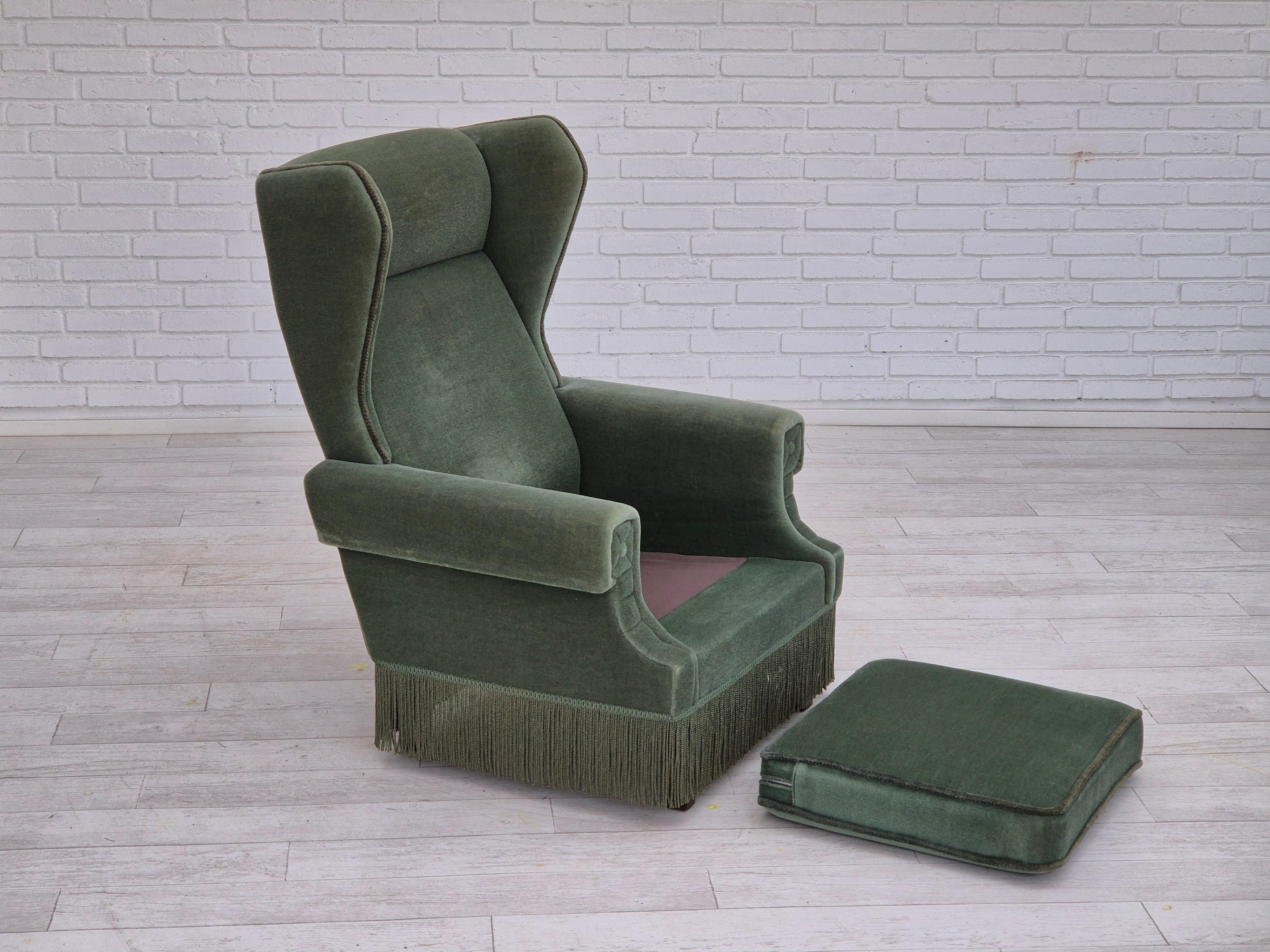 1970s, Danish wingback armchair, original condition, furniture velour, beech. For Sale 3