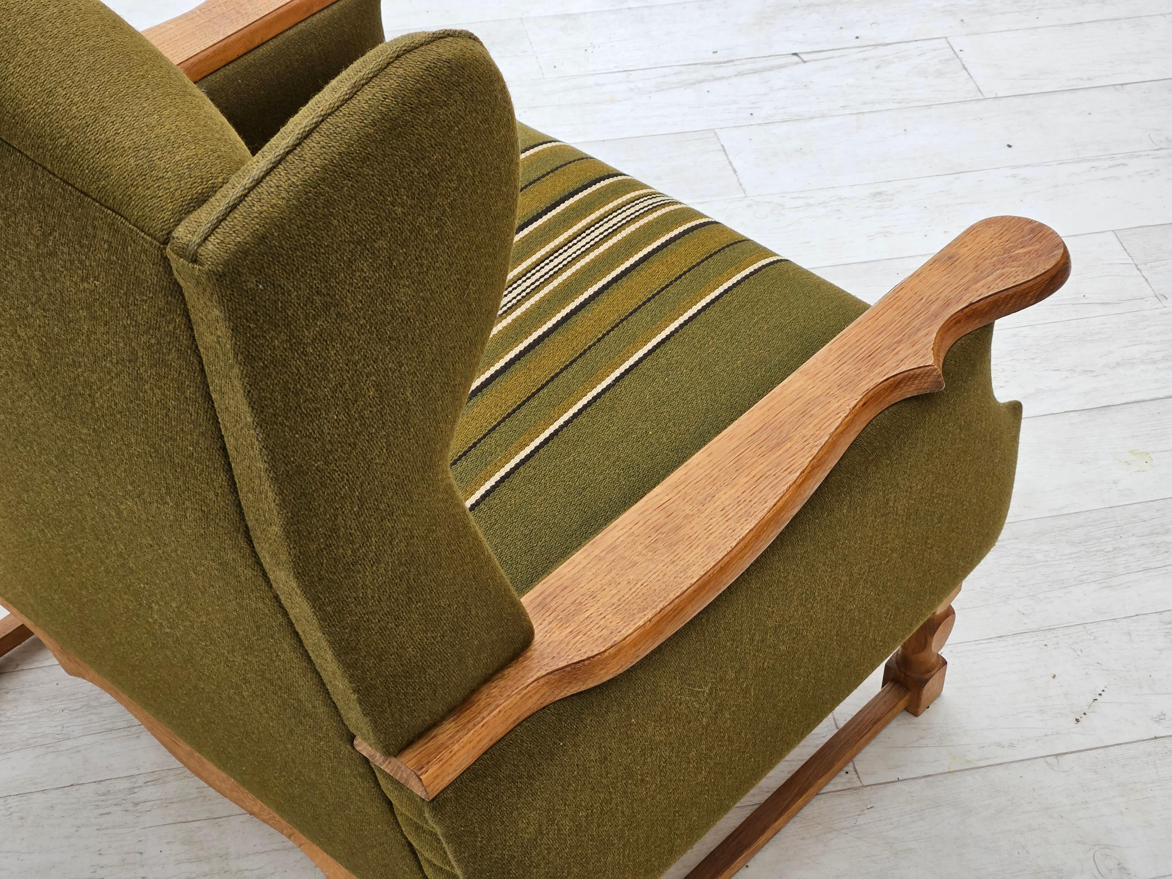 1970s, Danish wingback chair, original upholstery, green furniture wool. For Sale 7