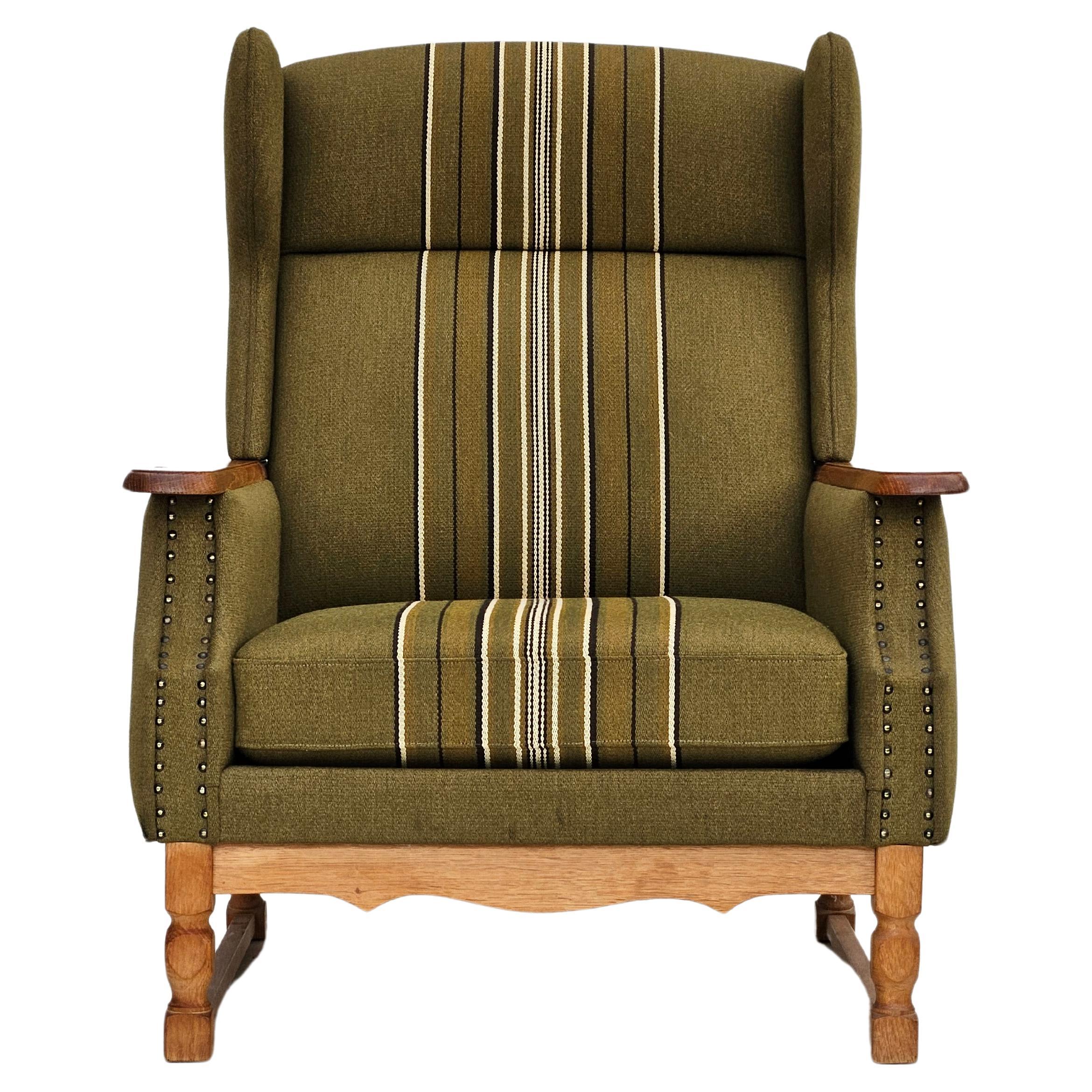 1970s, Danish wingback chair, original upholstery, green furniture wool. For Sale