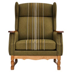 Vintage 1970s, Danish wingback chair, original upholstery, green furniture wool.