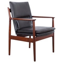 1970s Danish Wooden Armchair with Black Leather Seat