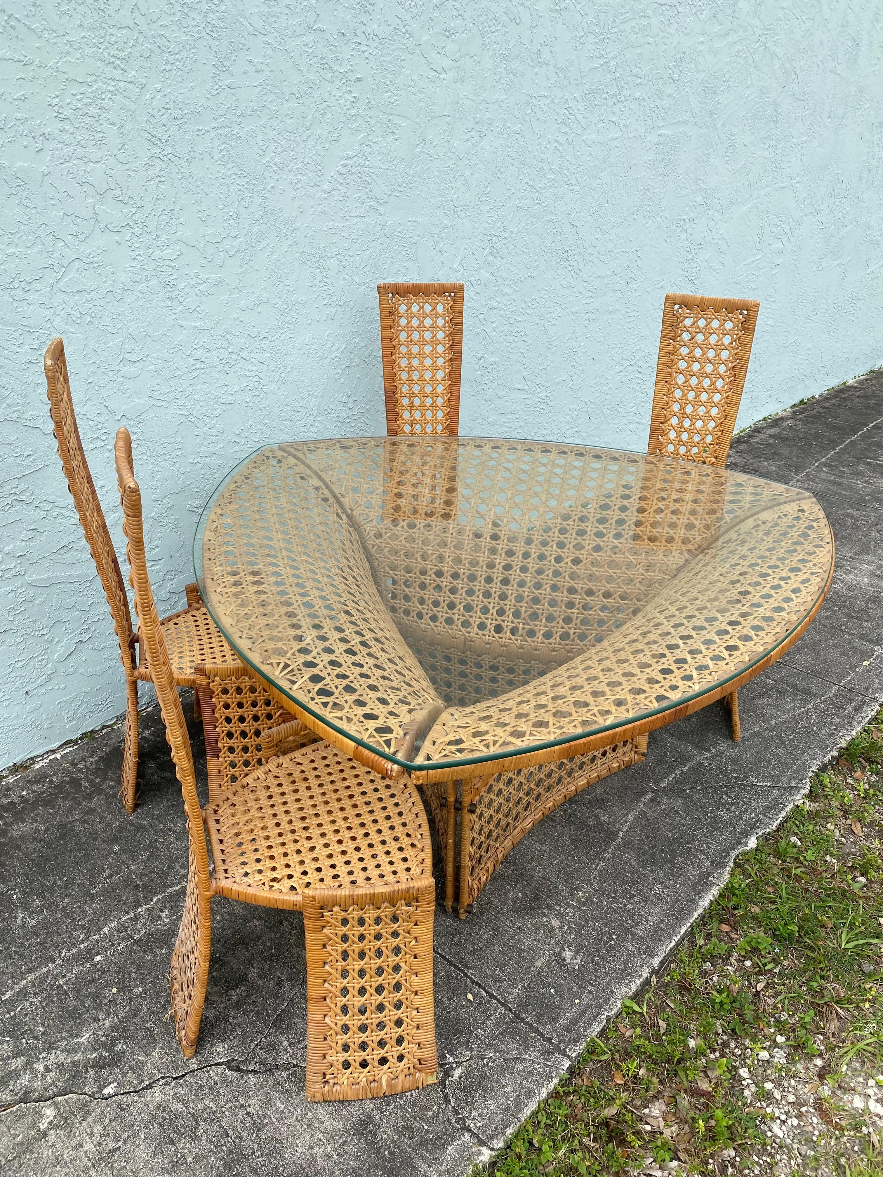 Mid-Century Modern 1970s Danny Ho Sculptural Rattan Dining Table and Chairs, Set of 5 For Sale