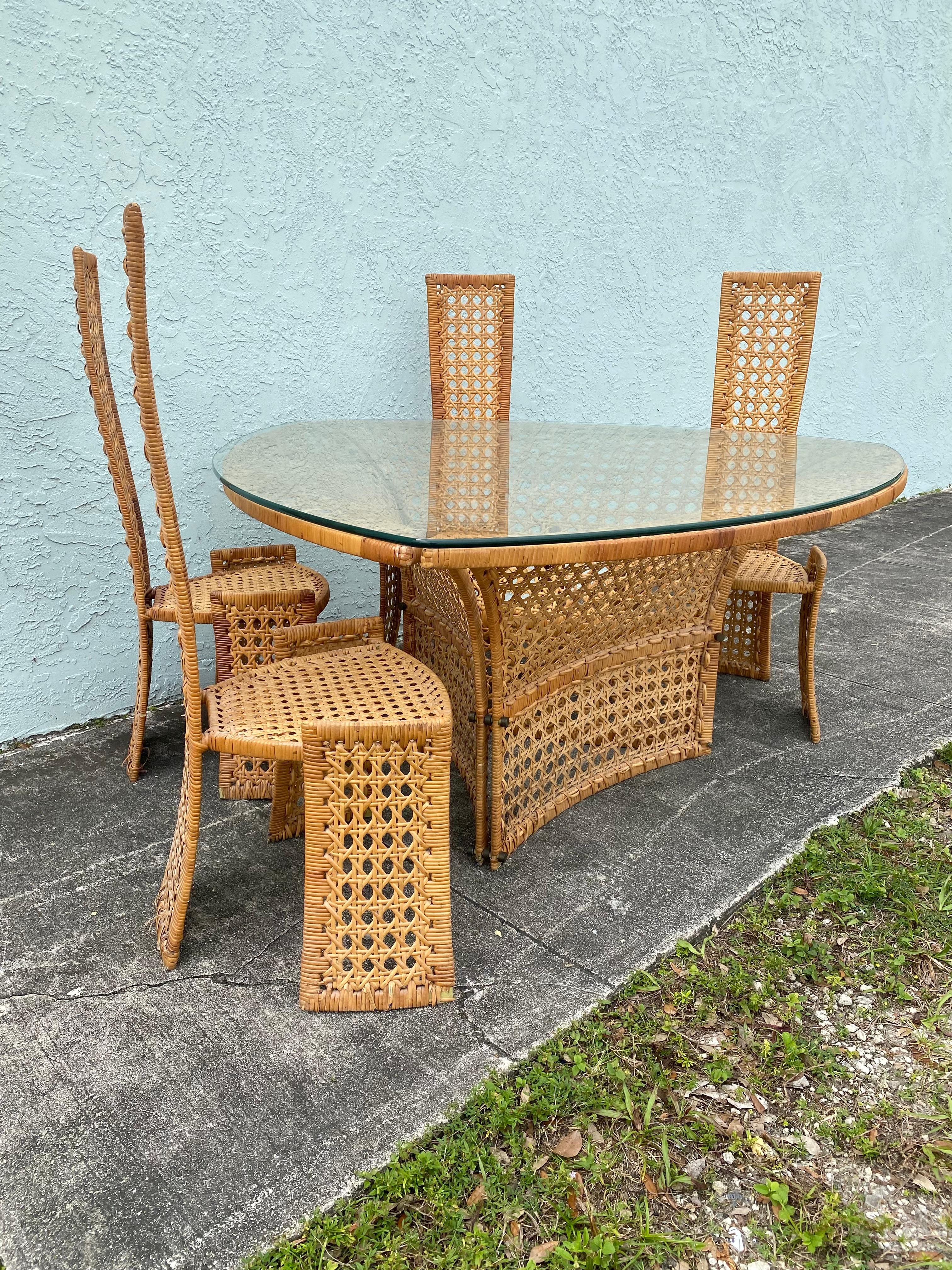 Philippine 1970s Danny Ho Sculptural Rattan Dining Table and Chairs, Set of 5 For Sale