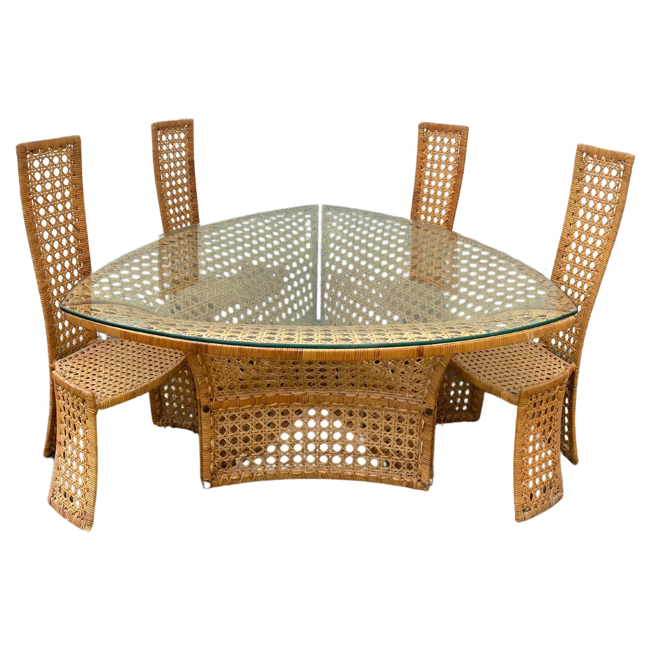 1970s Danny Ho Sculptural Rattan Dining Table and Chairs, Set of 5
