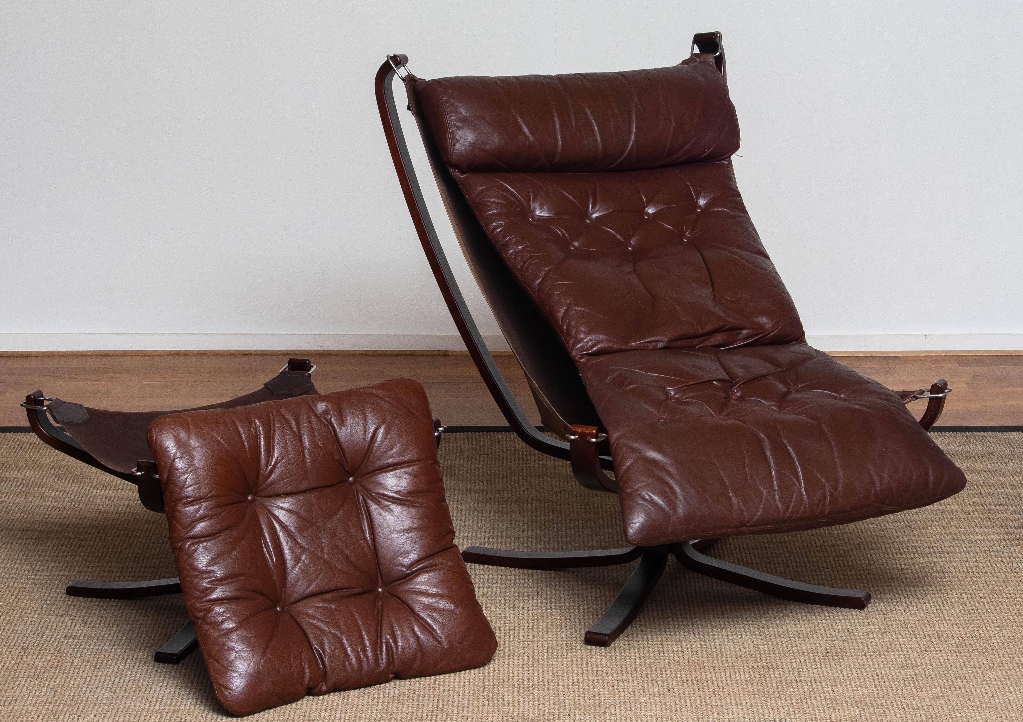 1970's Dark Brown Leather 'Falcon' Highback Chair and Ottoman by Sigurd Ressell  3