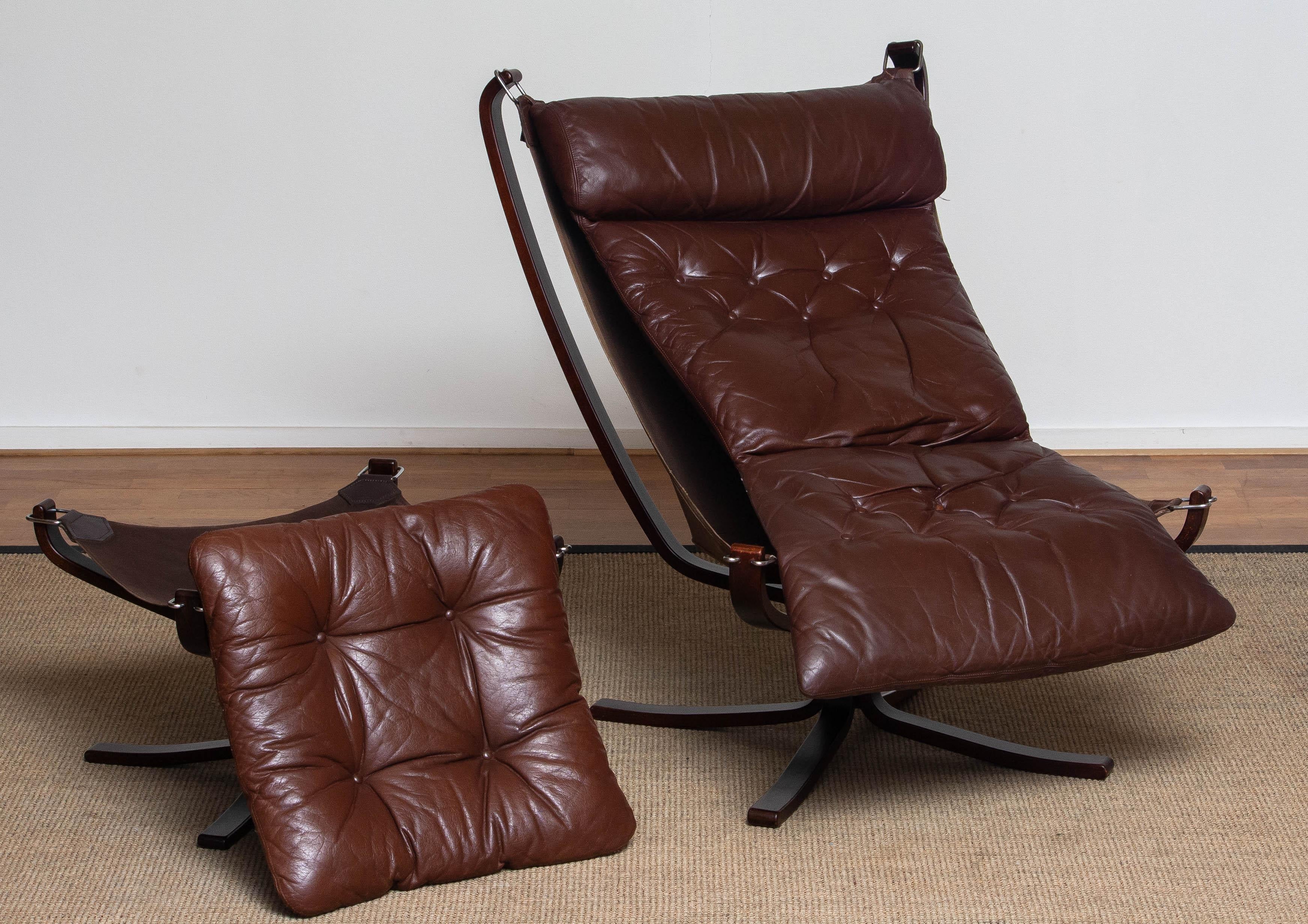 1970's Dark Brown Leather 'Falcon' Highback Chair and Ottoman by Sigurd Ressell 3