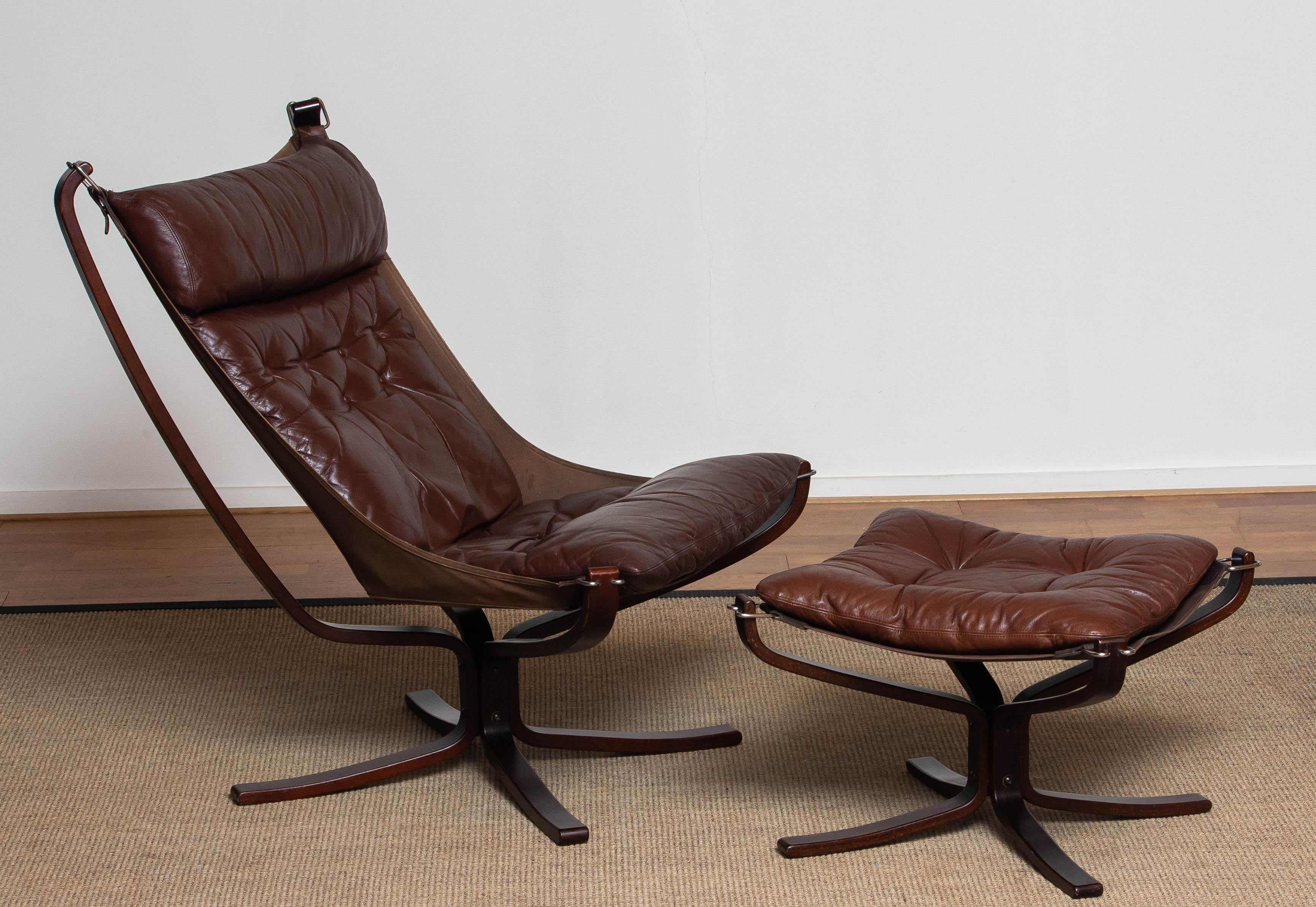 Mid-Century Modern 1970's Dark Brown Leather 'Falcon' Highback Chair and Ottoman by Sigurd Ressell 