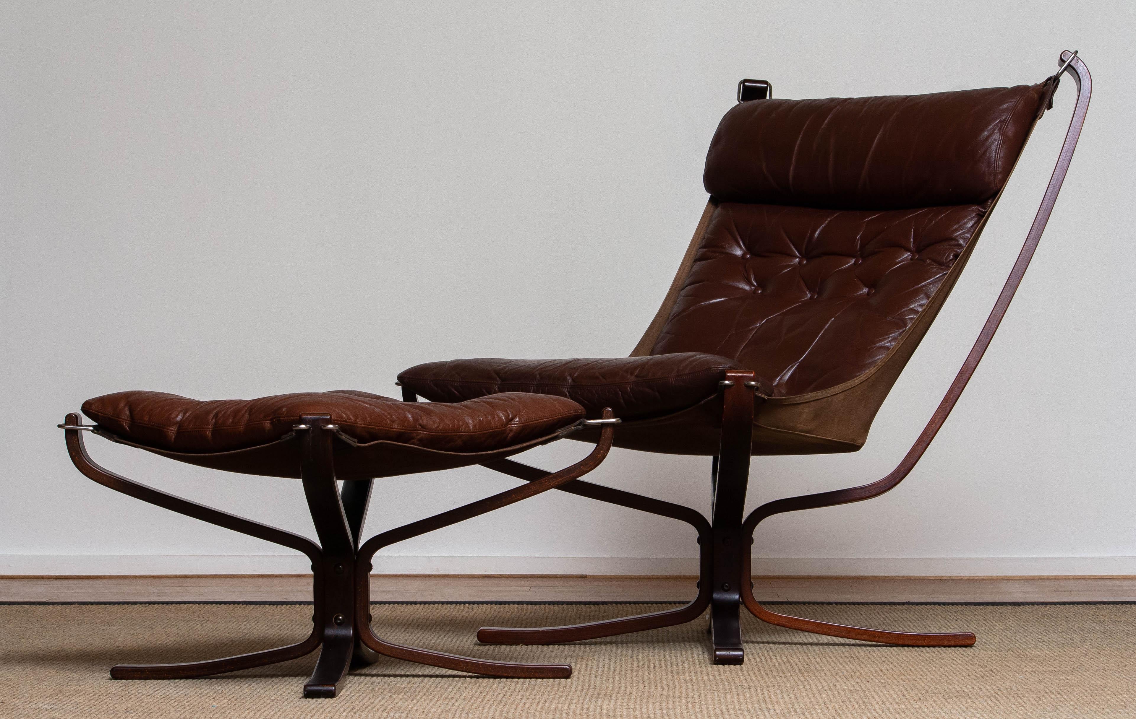 Norwegian 1970's Dark Brown Leather 'Falcon' Highback Chair and Ottoman by Sigurd Ressell 