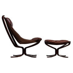 1970's Dark Brown Leather 'Falcon' Highback Chair and Ottoman by Sigurd Ressell 