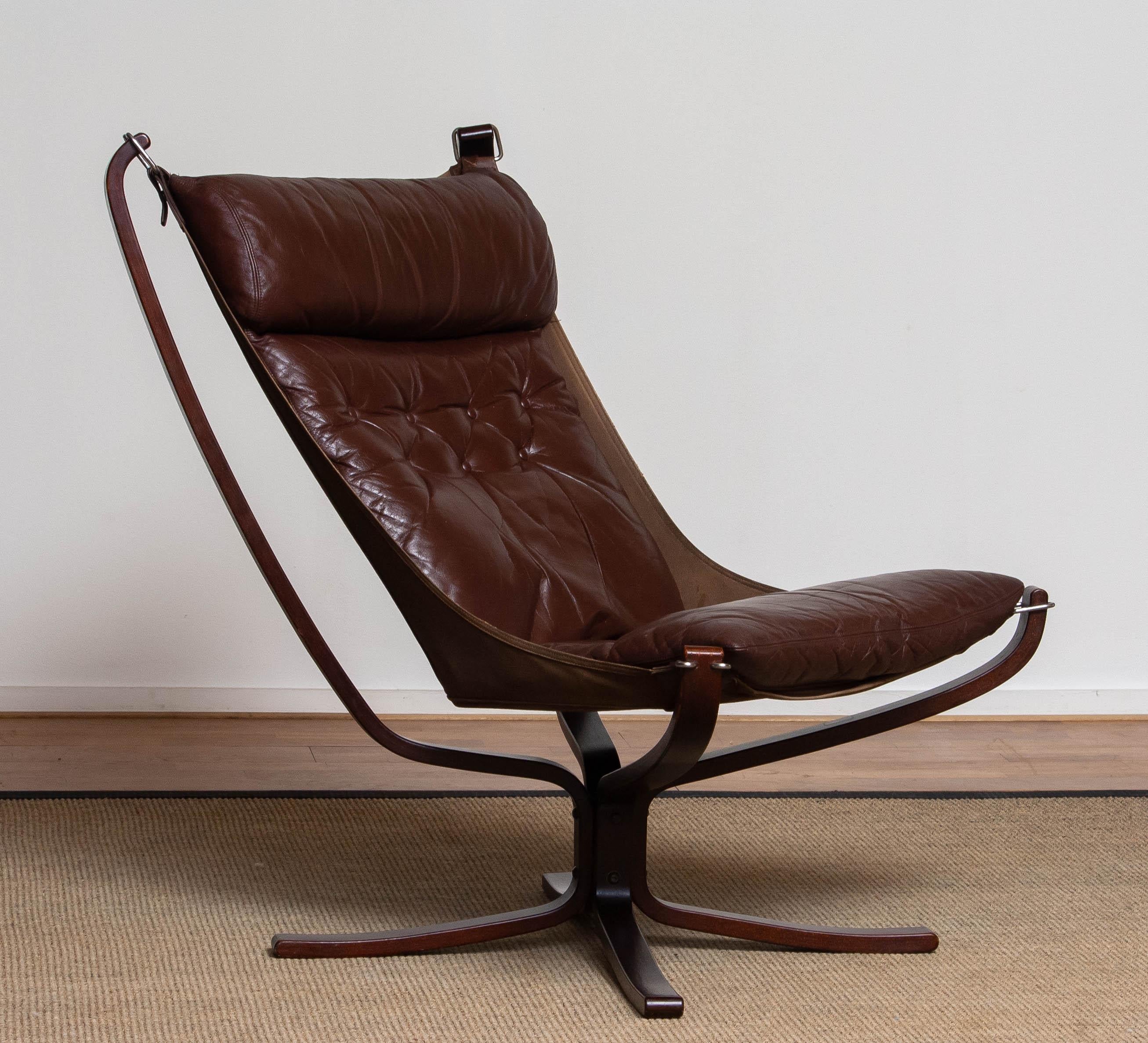 Scandinavian Modern 1970s  Brown Leather Falcon Highback Lounge Chair by Sigurd Ressell for Vatne