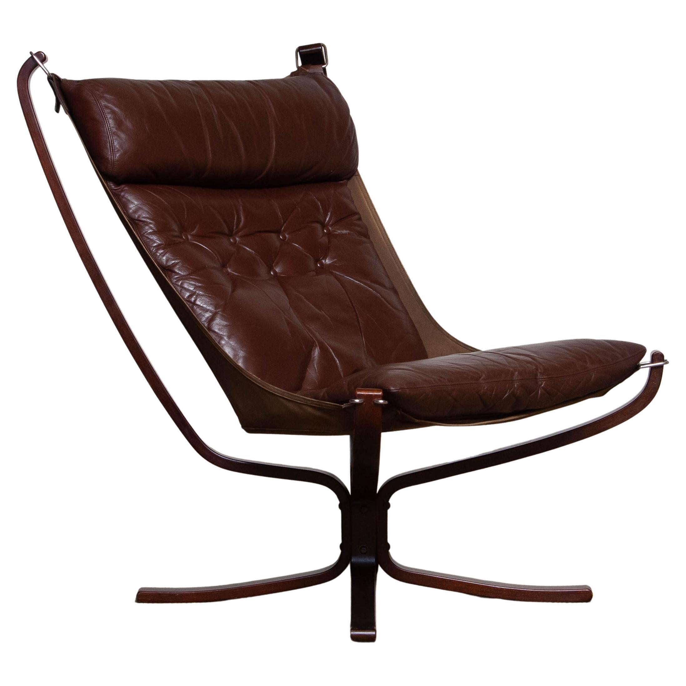 1970s  Brown Leather Falcon Highback Lounge Chair by Sigurd Ressell for Vatne