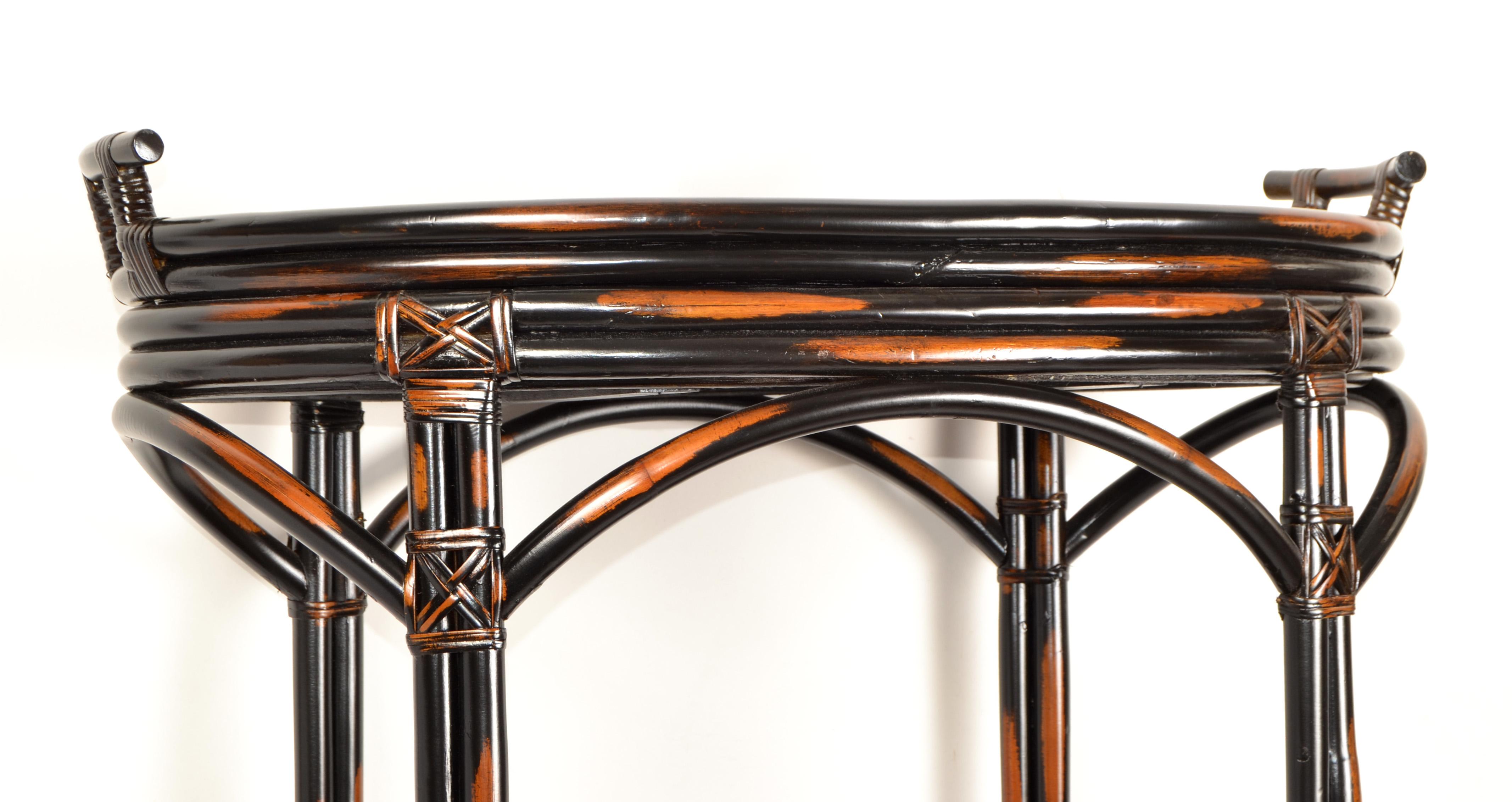 1970s Dark Brown McGuire Style Two-Tier Tray Table Kitchen Cart, Serving Stand For Sale 3