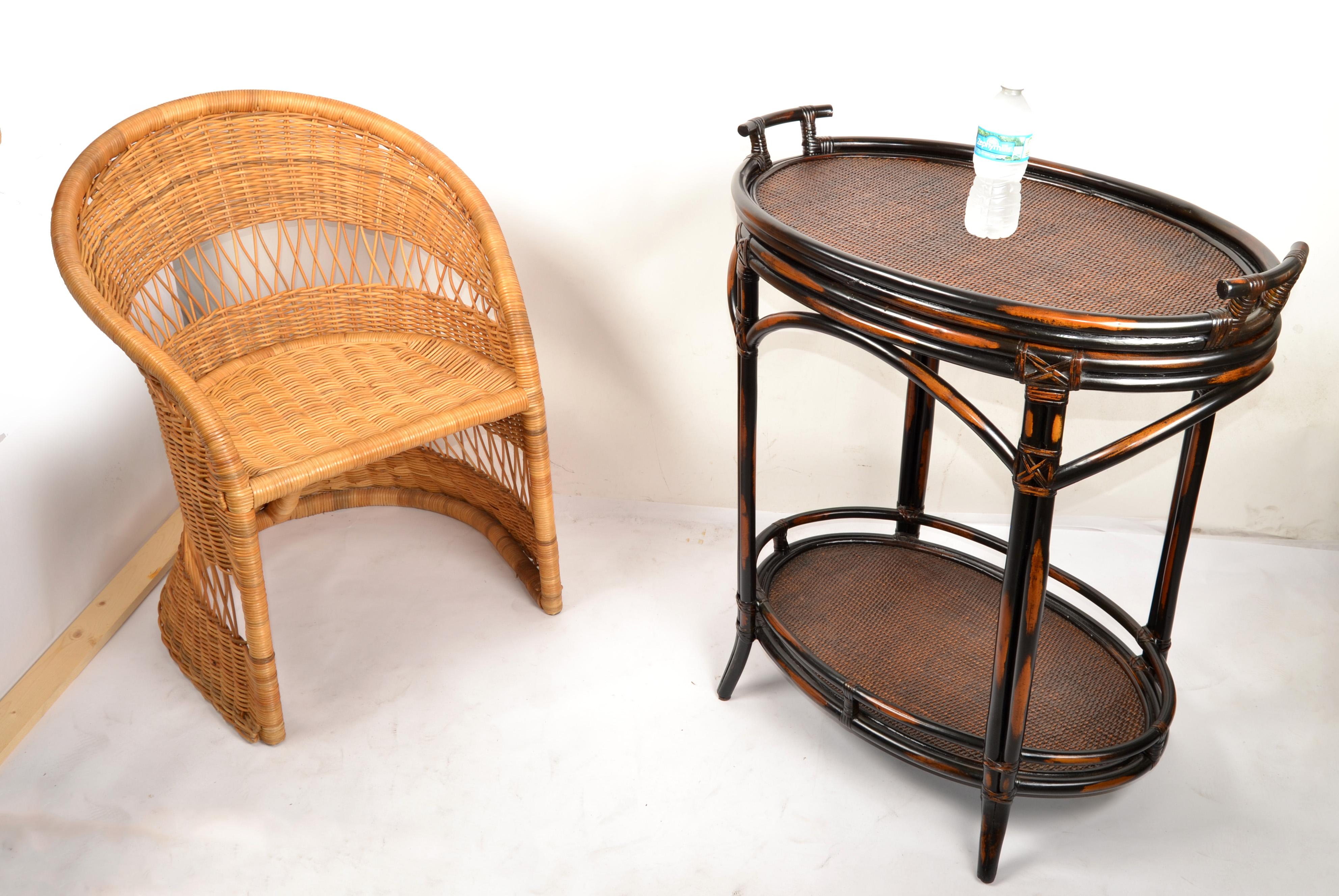 1970s Dark Brown McGuire Style Two-Tier Tray Table Kitchen Cart, Serving Stand For Sale 4