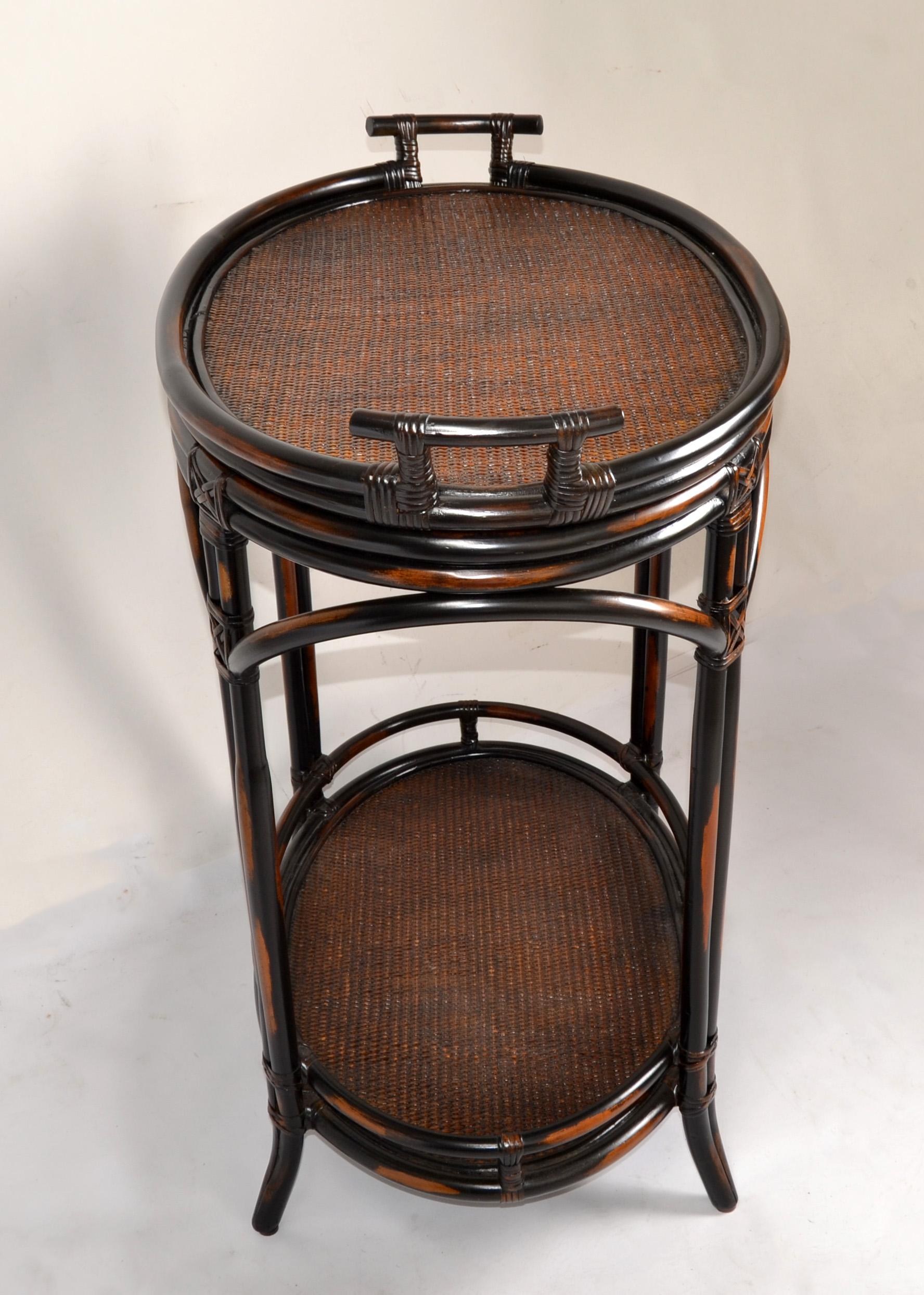 Mid-Century Modern 1970s Dark Brown McGuire Style Two-Tier Tray Table Kitchen Cart, Serving Stand For Sale
