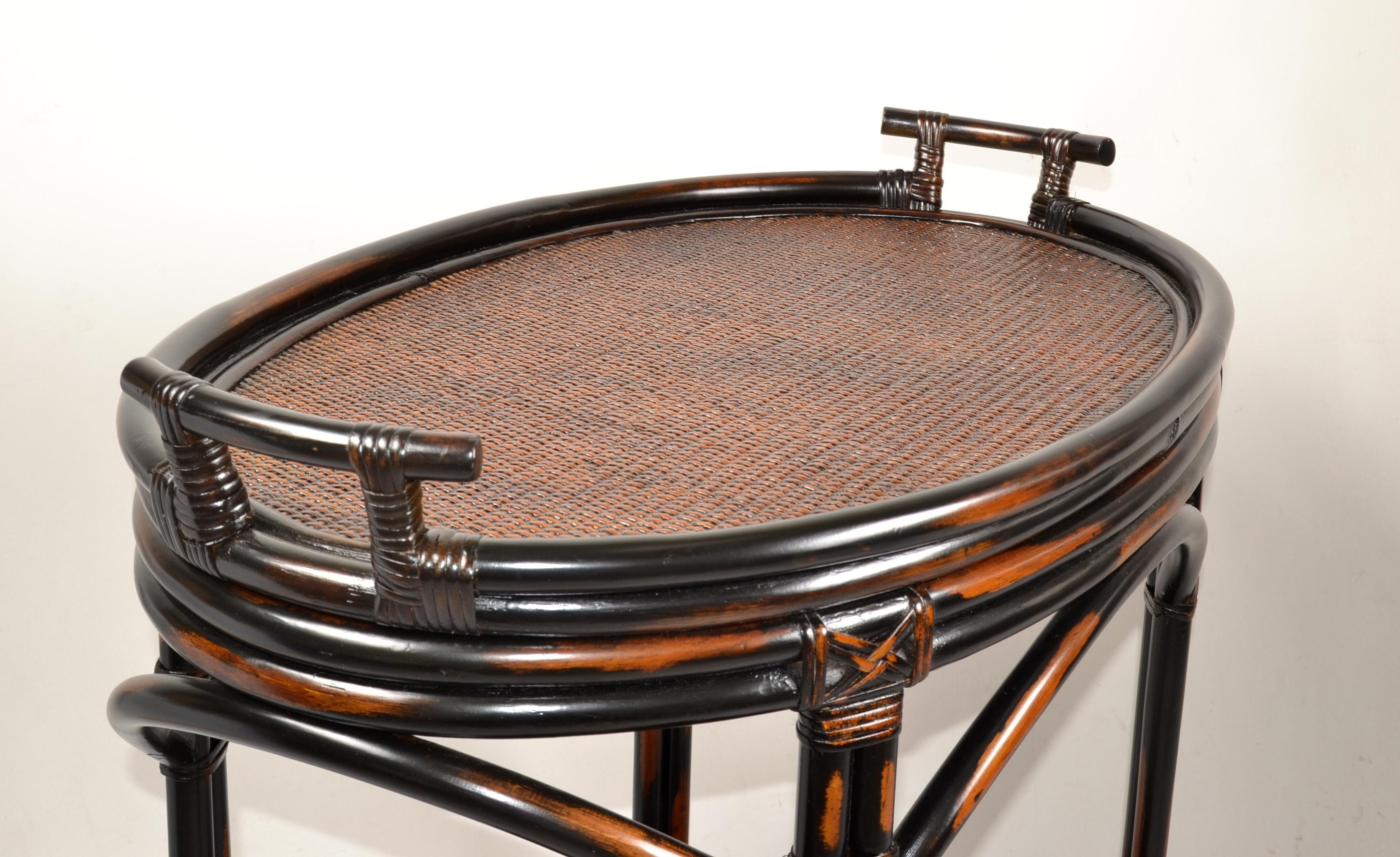 American 1970s Dark Brown McGuire Style Two-Tier Tray Table Kitchen Cart, Serving Stand For Sale