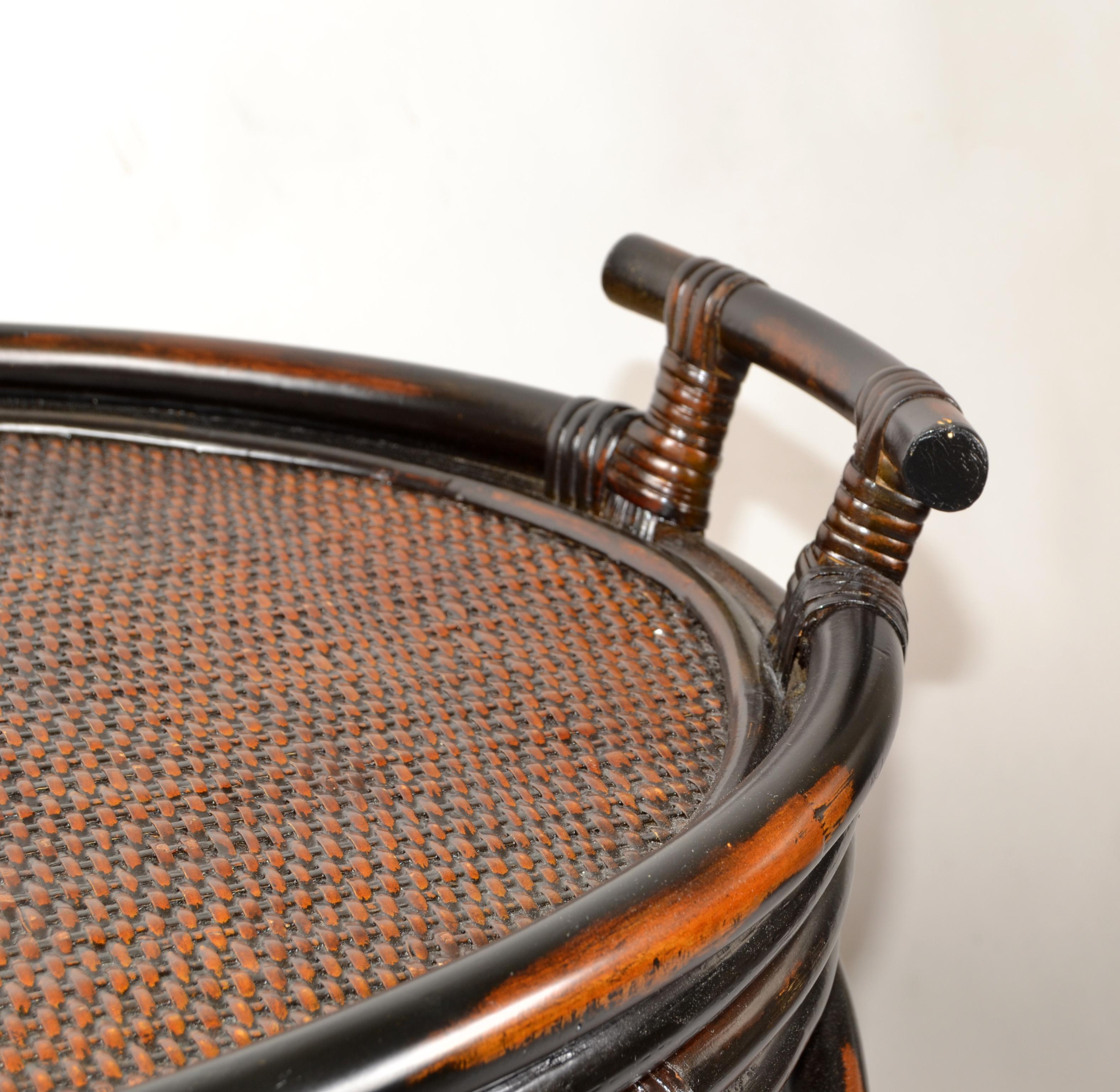 Late 20th Century 1970s Dark Brown McGuire Style Two-Tier Tray Table Kitchen Cart, Serving Stand For Sale