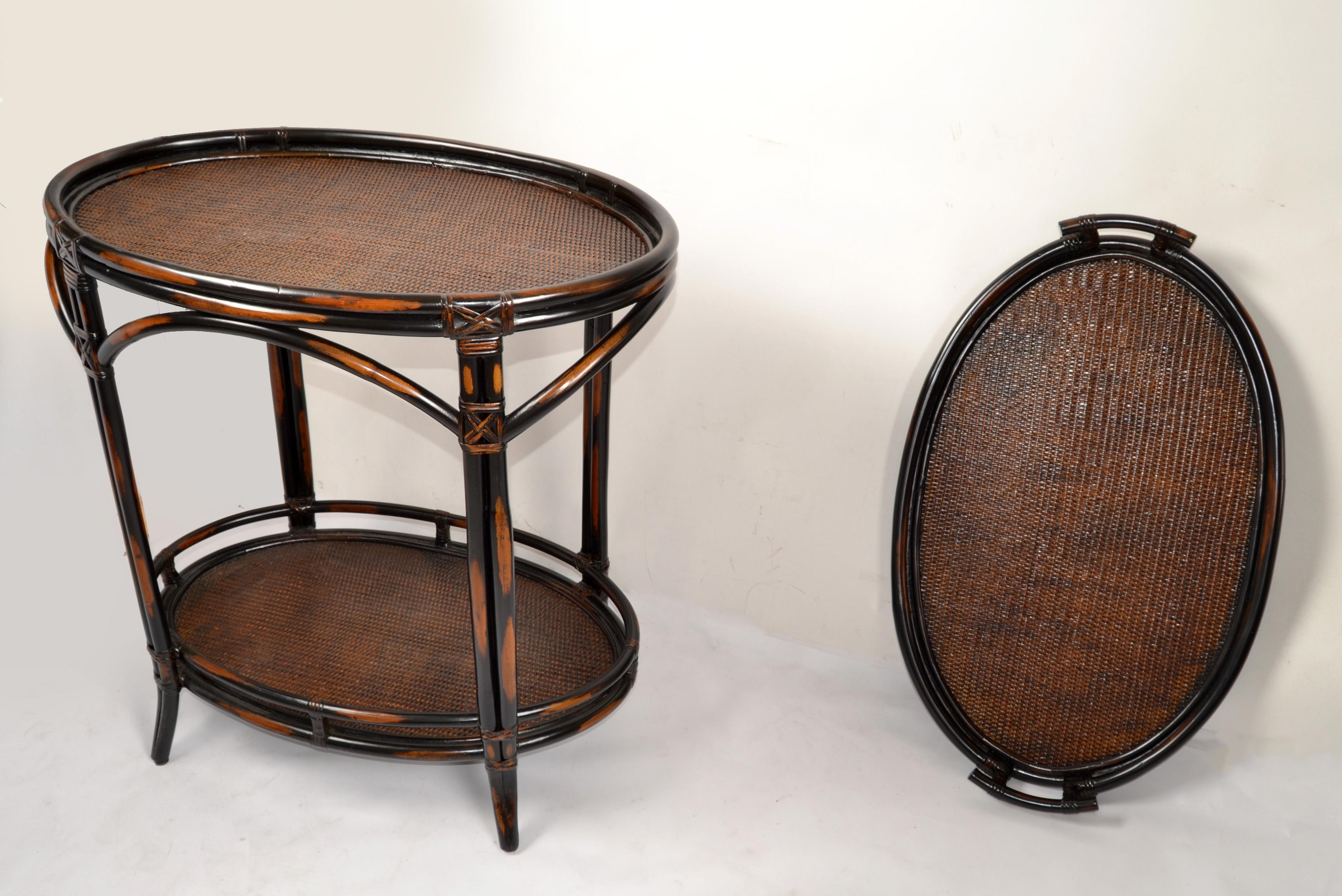 1970s Dark Brown McGuire Style Two-Tier Tray Table Kitchen Cart, Serving Stand For Sale 1