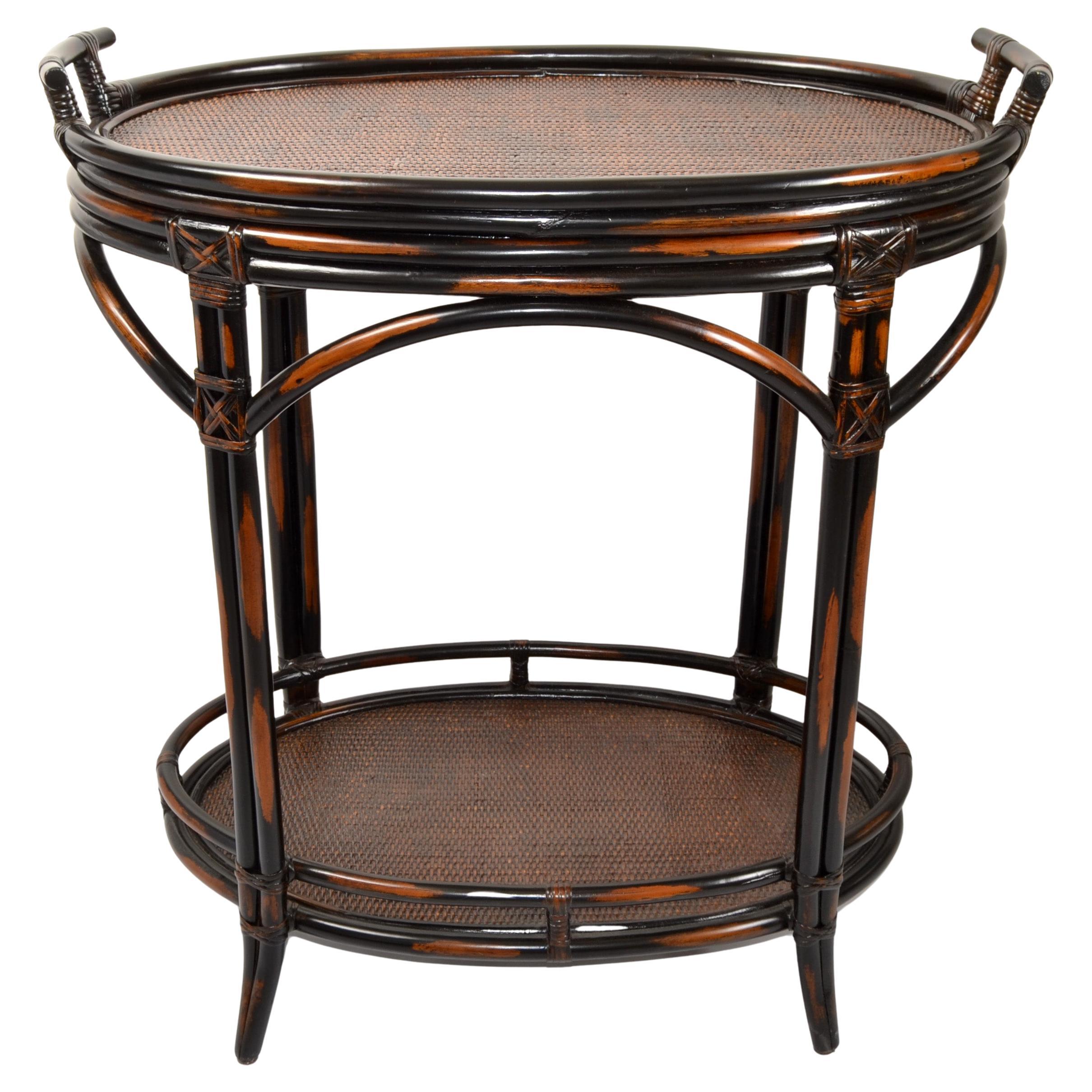 1970s Dark Brown McGuire Style Two-Tier Tray Table Kitchen Cart, Serving Stand For Sale
