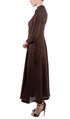 1970S Dark Chocolate Brown Semi-Sheer Rayon Blend Knit Long Sleeved Dress