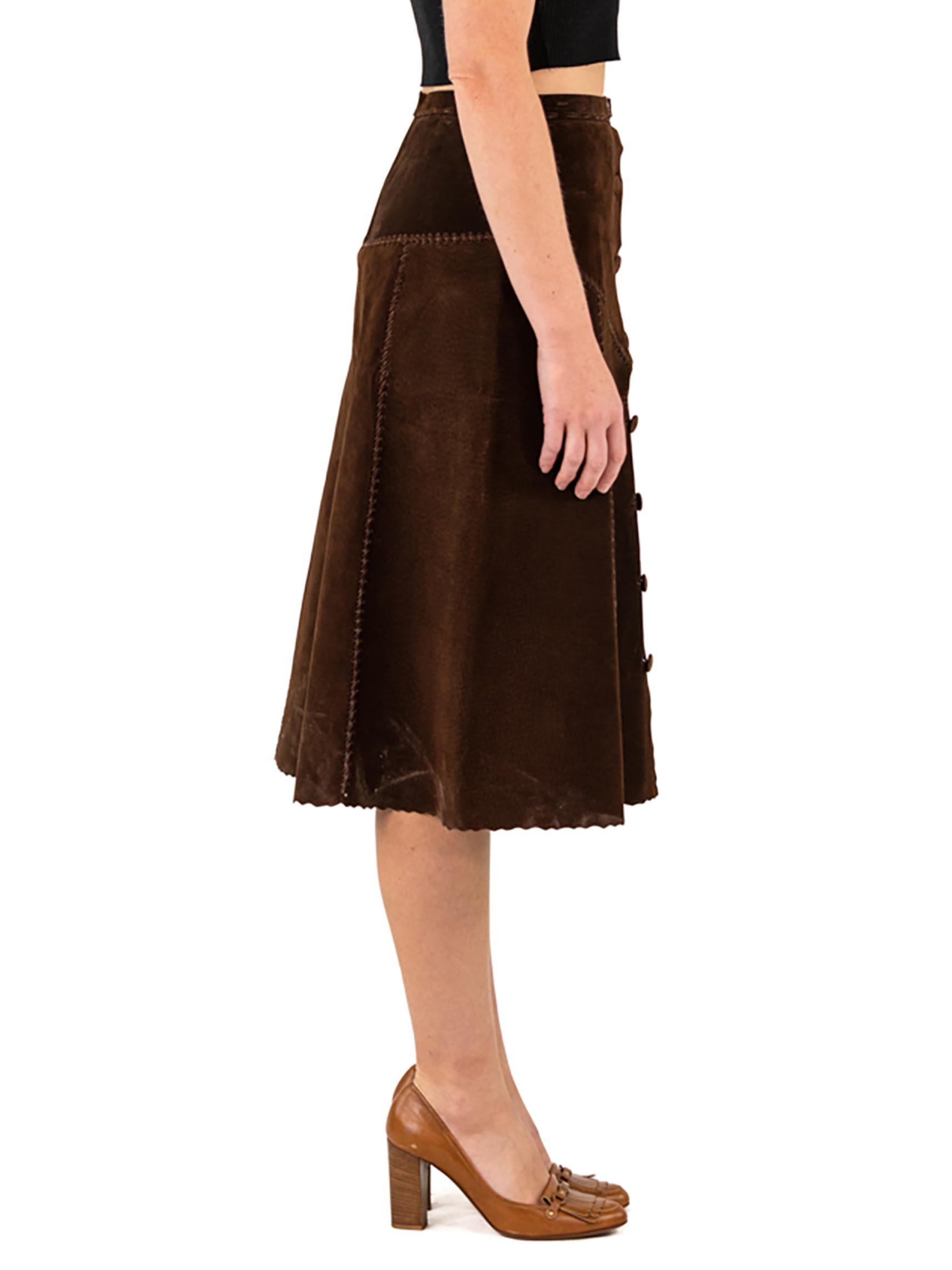 Women's 1970S Dark Chocolate Brown Suede Skirt With Snaps