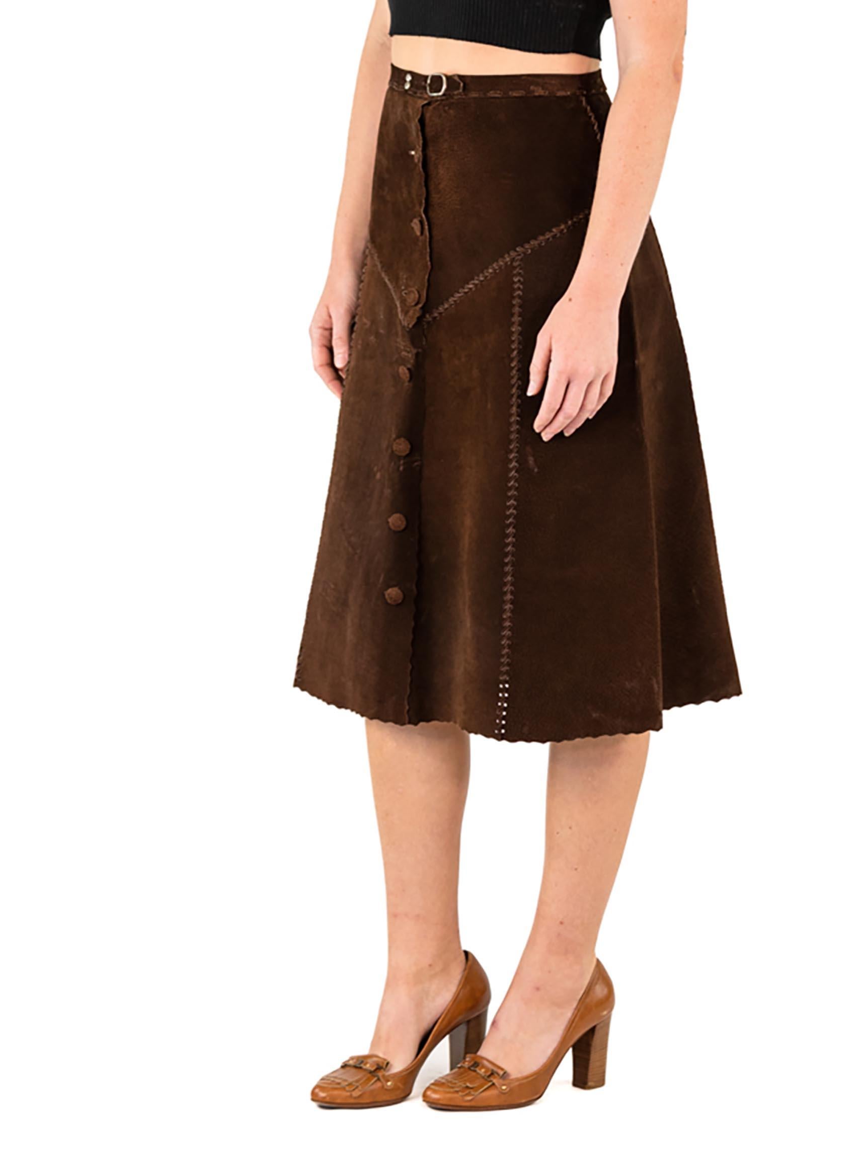 1970S Dark Chocolate Brown Suede Skirt With Snaps 1