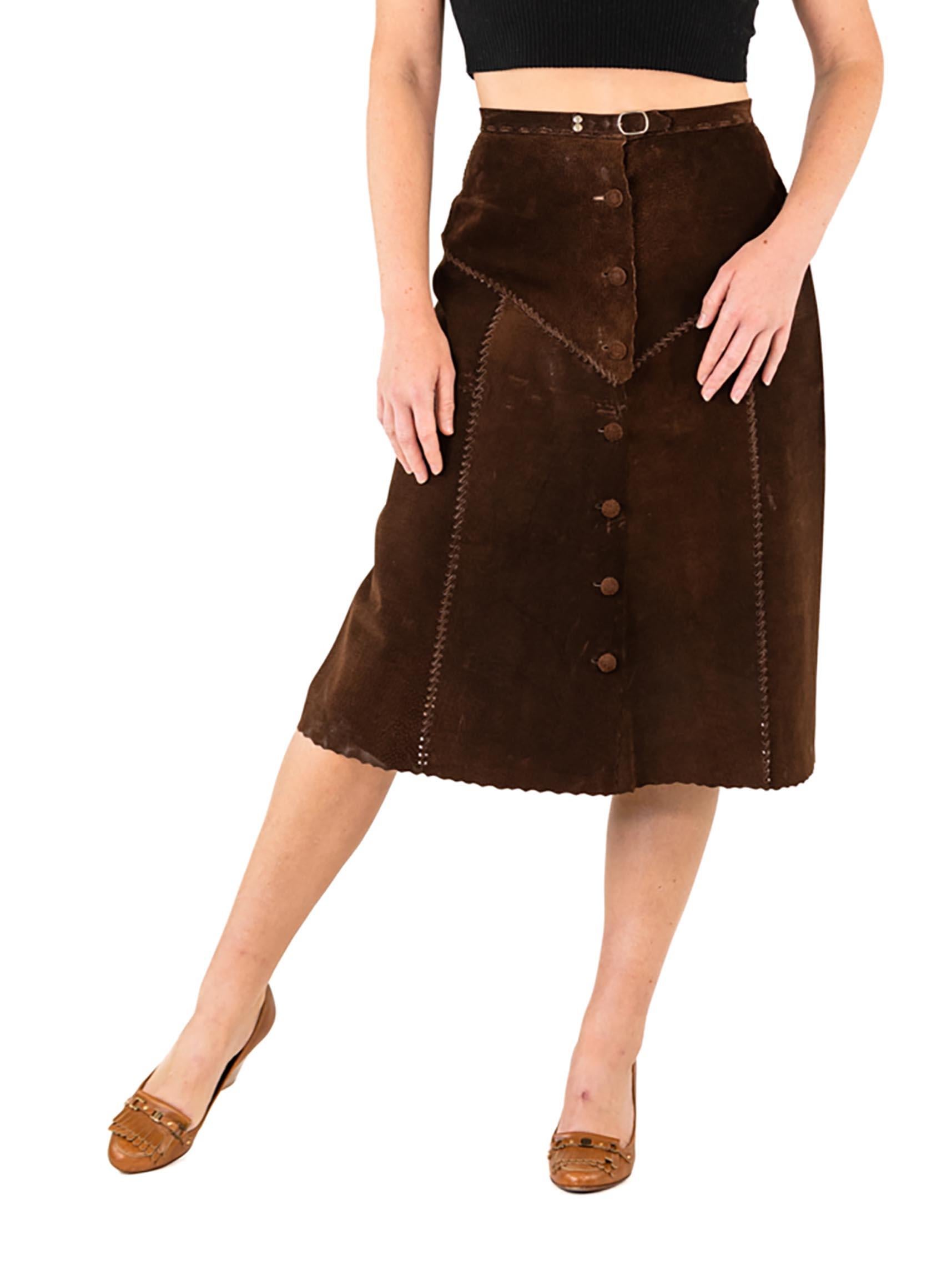1970S Dark Chocolate Brown Suede Skirt With Snaps 2