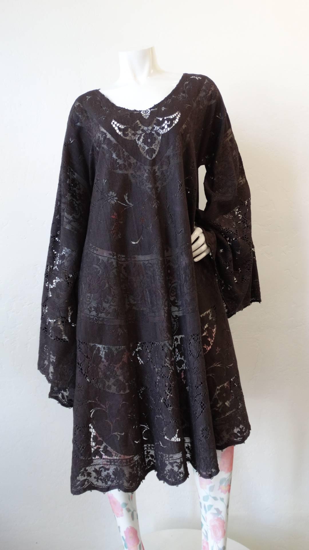 Black 1970s Dark Grey Lace Angel Wing Dress