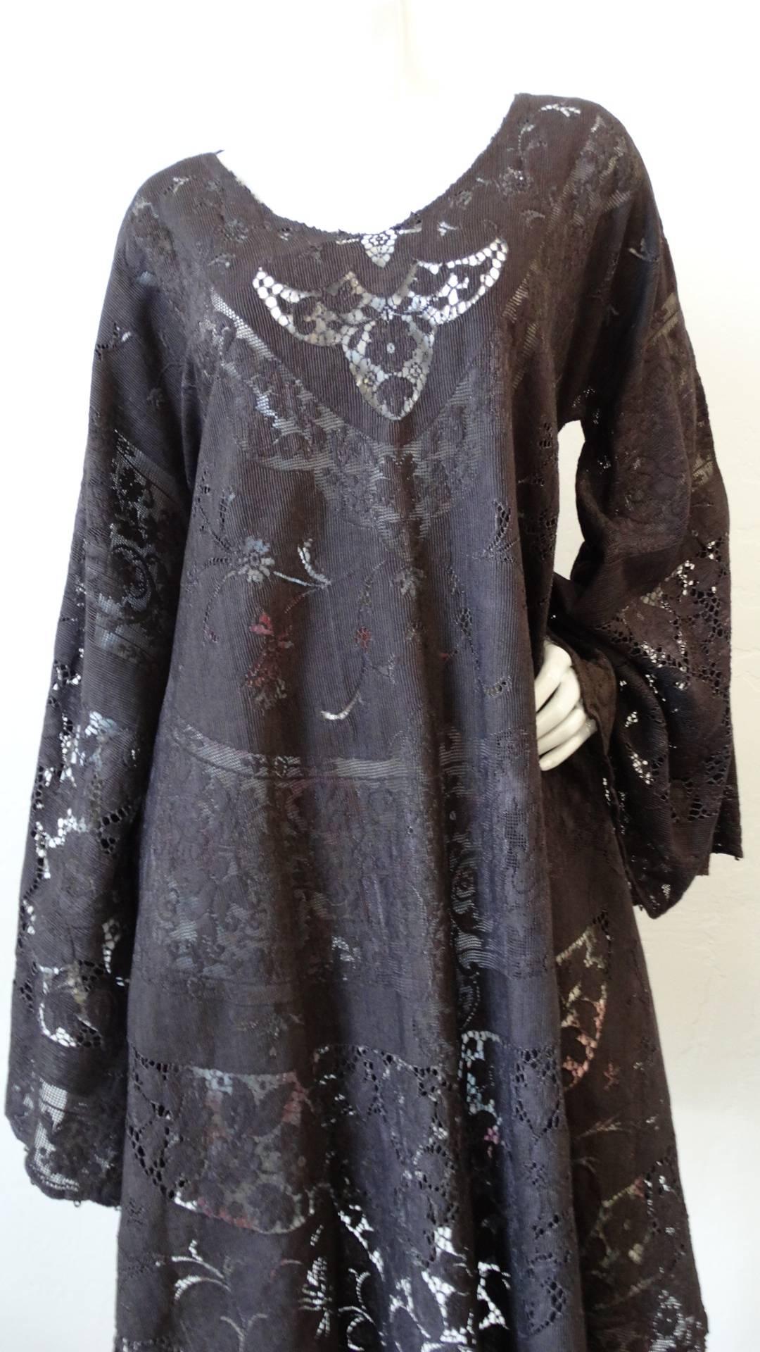 1970s Dark Grey Lace Angel Wing Dress In Excellent Condition In Scottsdale, AZ