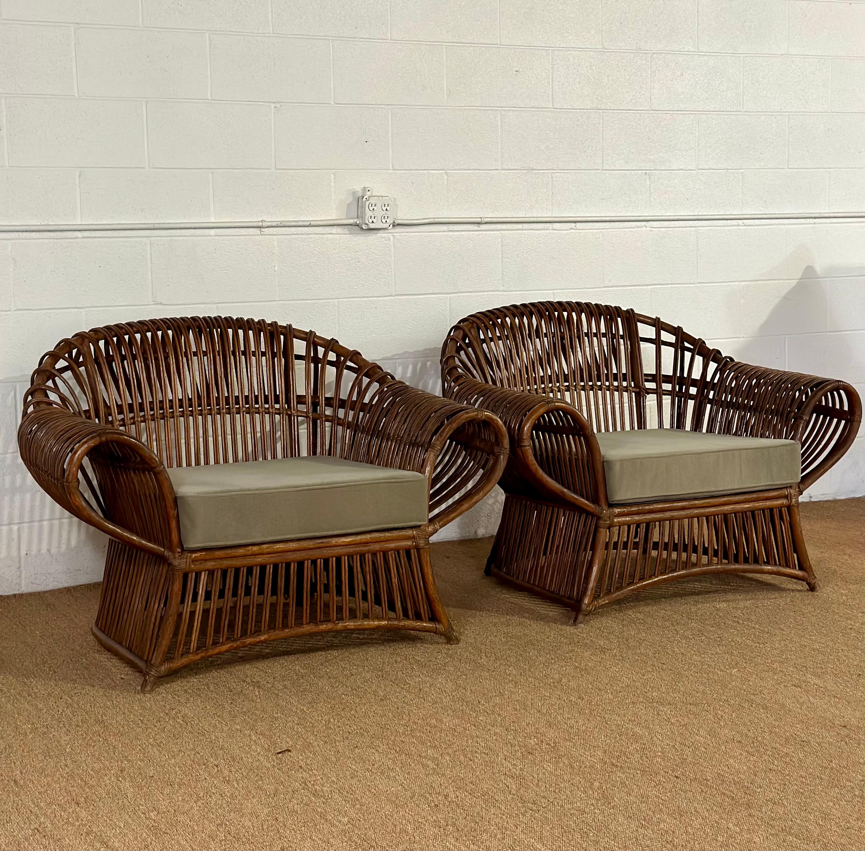 Mid-Century Modern 1970s Dark Rattan Bamboo Sculptural Lounge Chairs - a Pair  For Sale