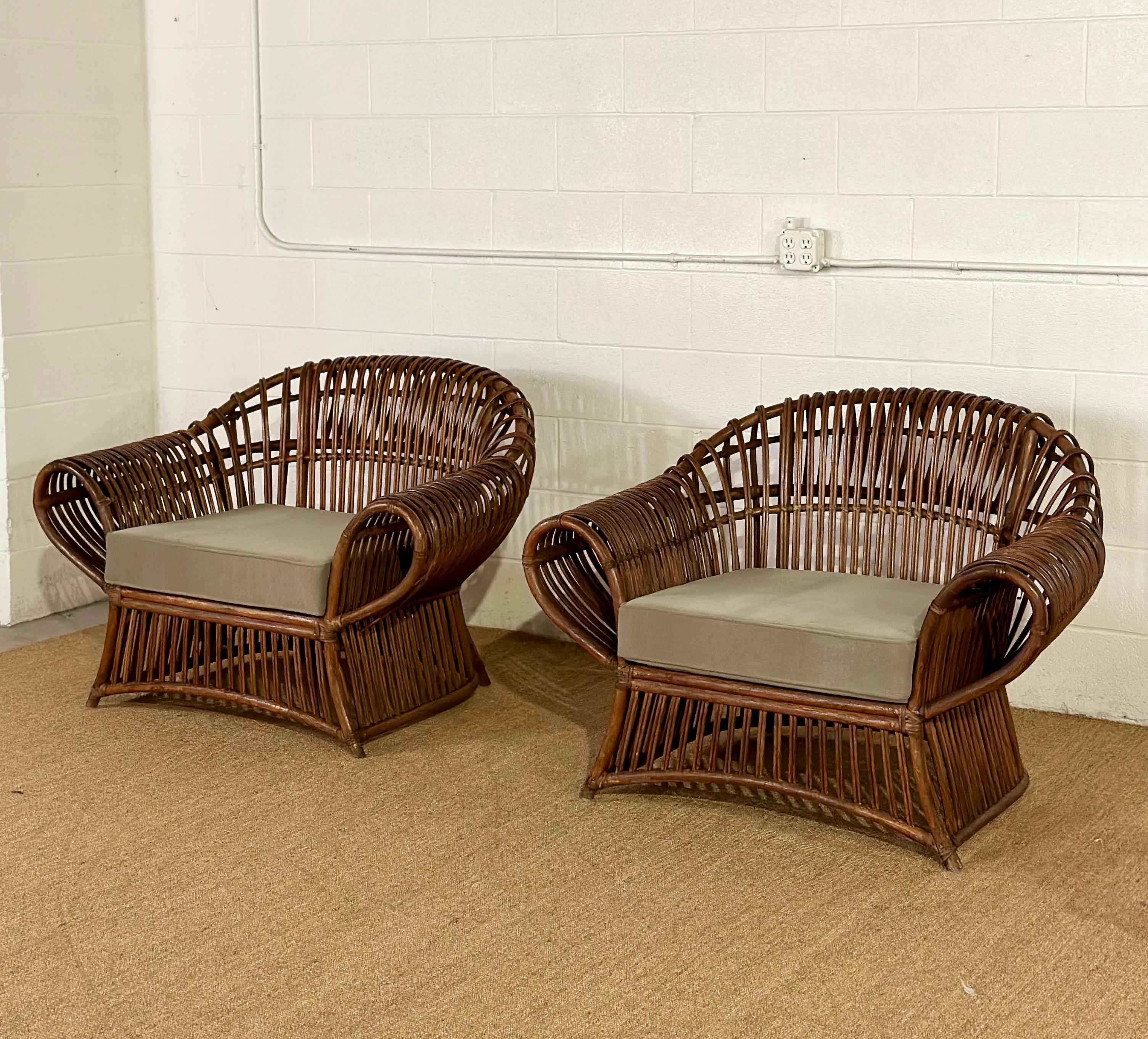 American 1970s Dark Rattan Bamboo Sculptural Lounge Chairs - a Pair  For Sale
