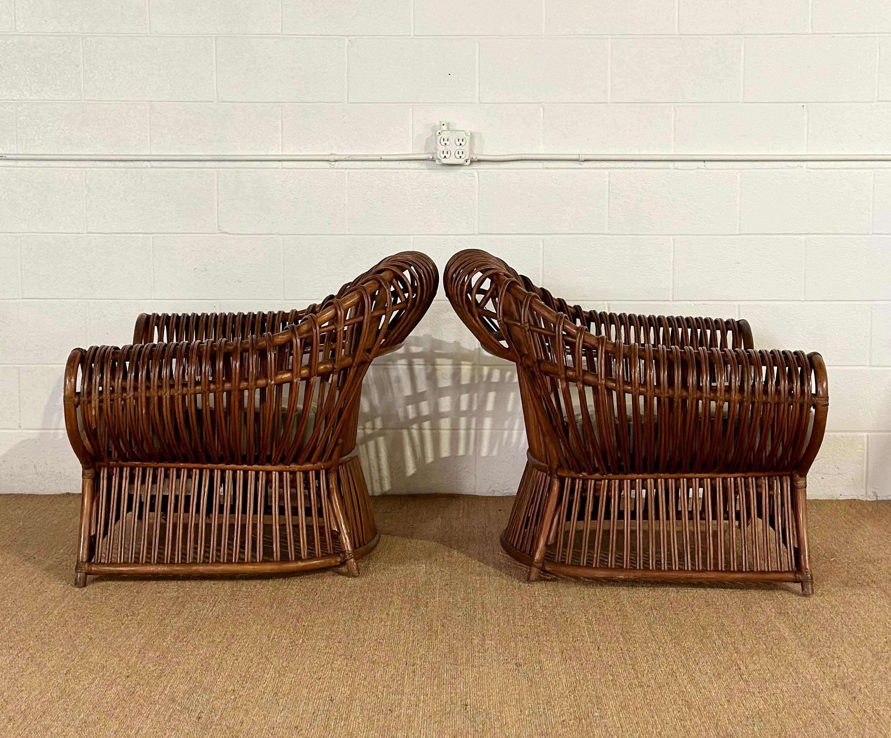 1970s Dark Rattan Bamboo Sculptural Lounge Chairs - a Pair  In Good Condition For Sale In Farmington Hills, MI