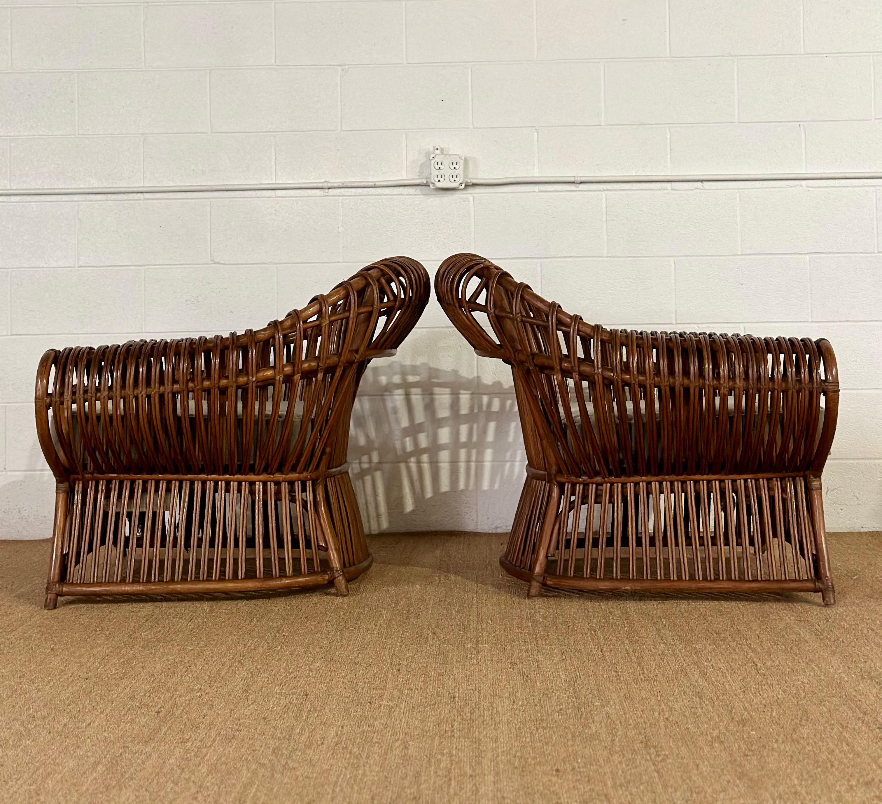 Late 20th Century 1970s Dark Rattan Bamboo Sculptural Lounge Chairs - a Pair  For Sale