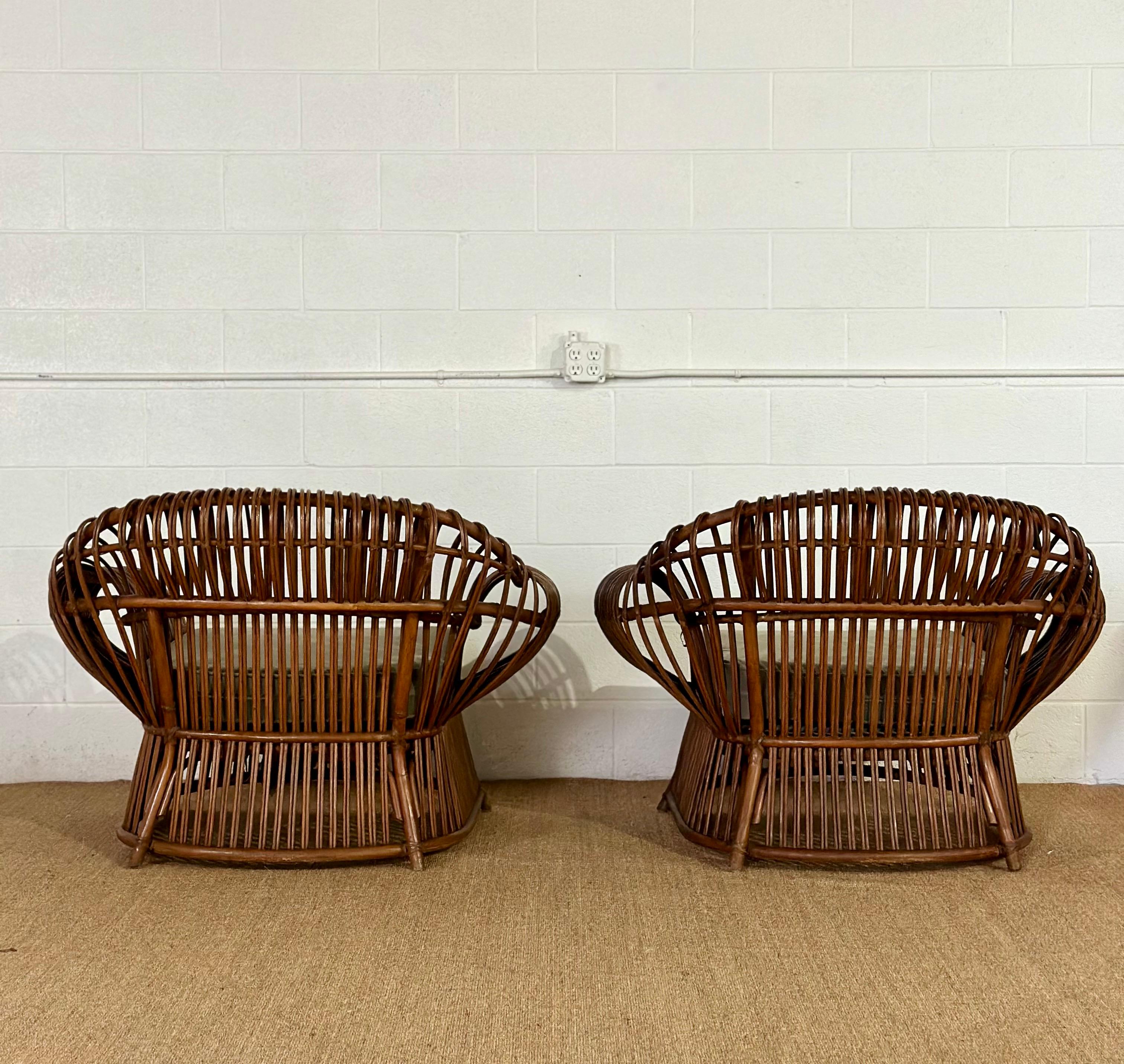 1970s Dark Rattan Bamboo Sculptural Lounge Chairs - a Pair  For Sale 2