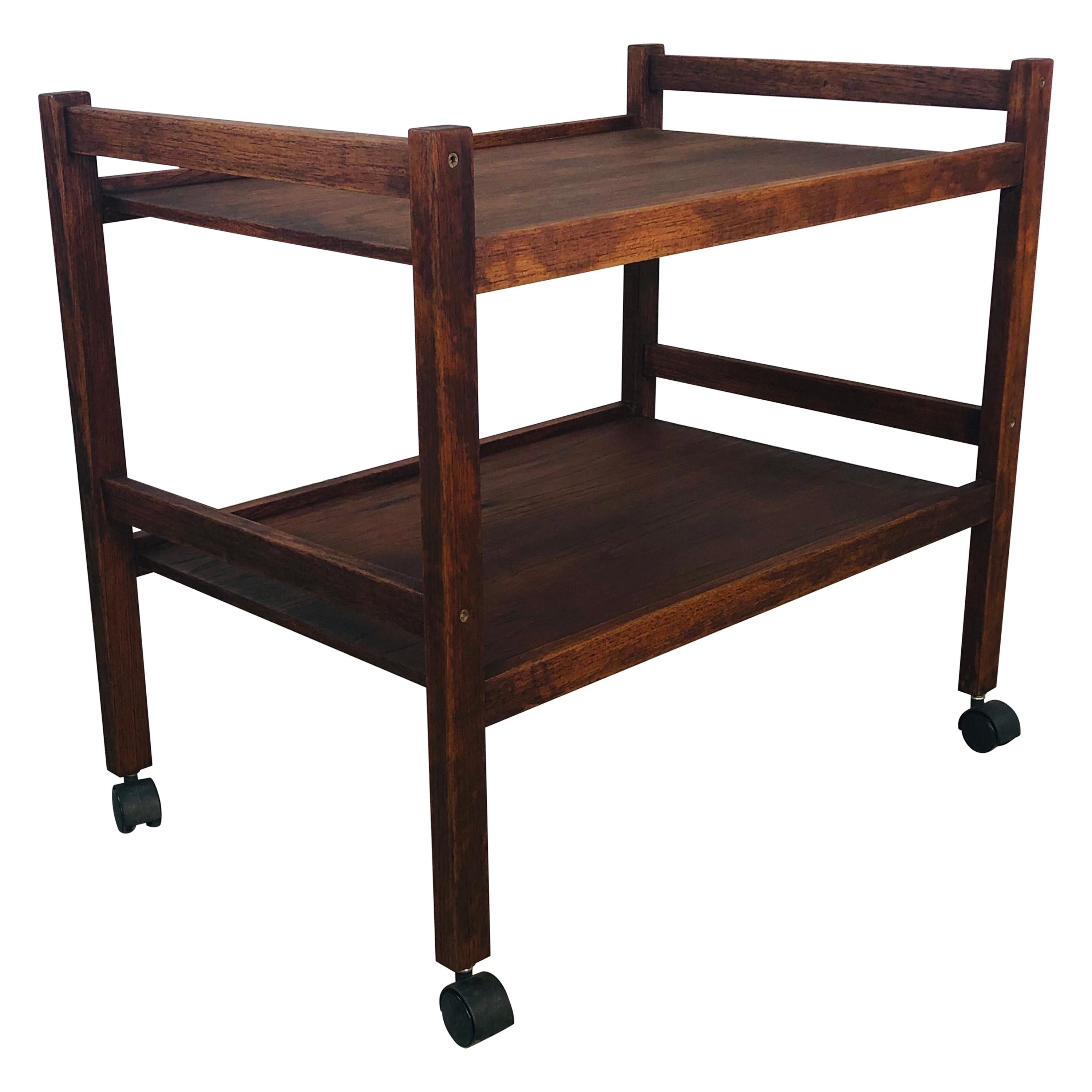 1970s Dark Teak Wood Rolling Cart For Sale