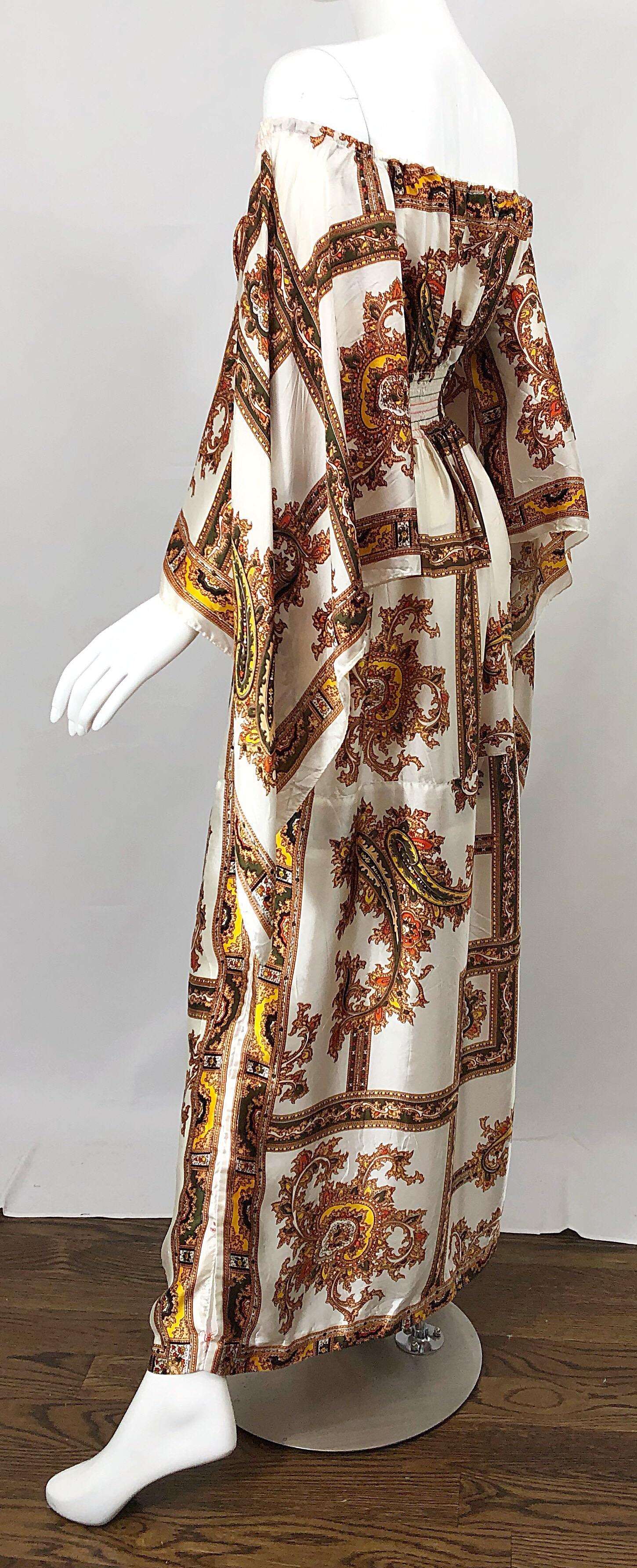 1970s David Edden Off Shoulder Boho Paisley Print Handkerchief Sleeve Maxi Dress 6