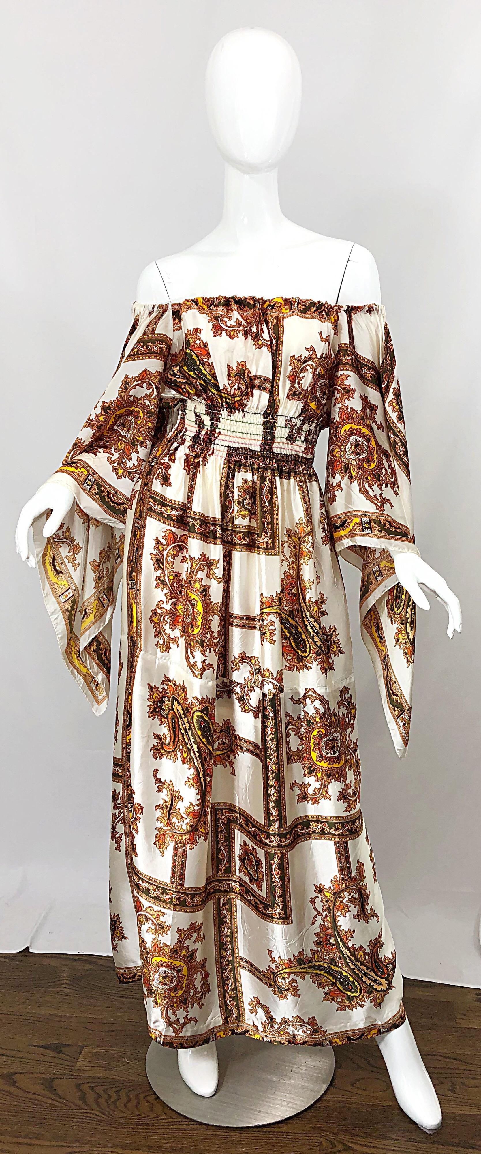 1970s David Edden Off Shoulder Boho Paisley Print Handkerchief Sleeve Maxi Dress 9